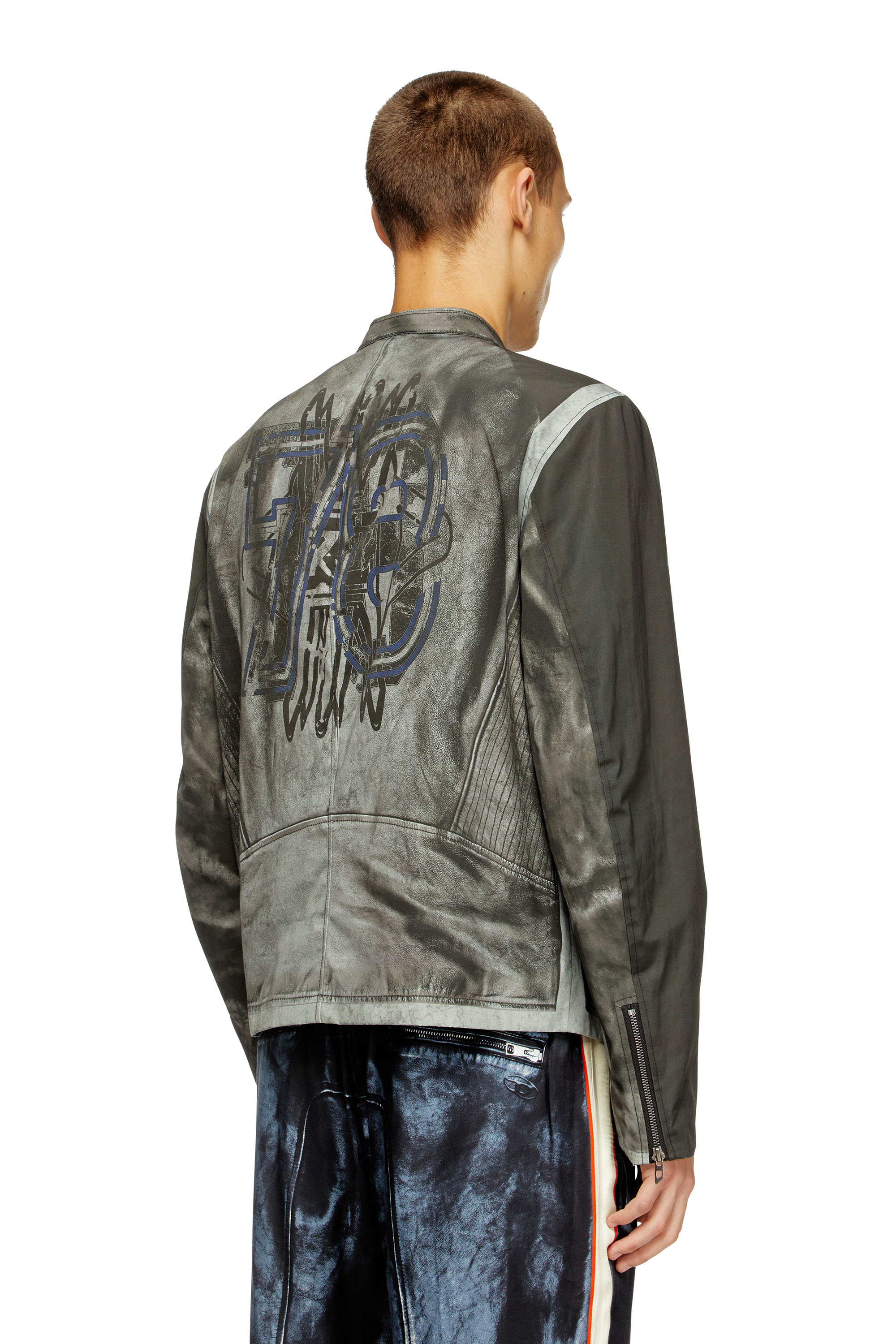 Diesel - J-EVERT, Man's Biker jacket in printed canvas in Dark grey - 3