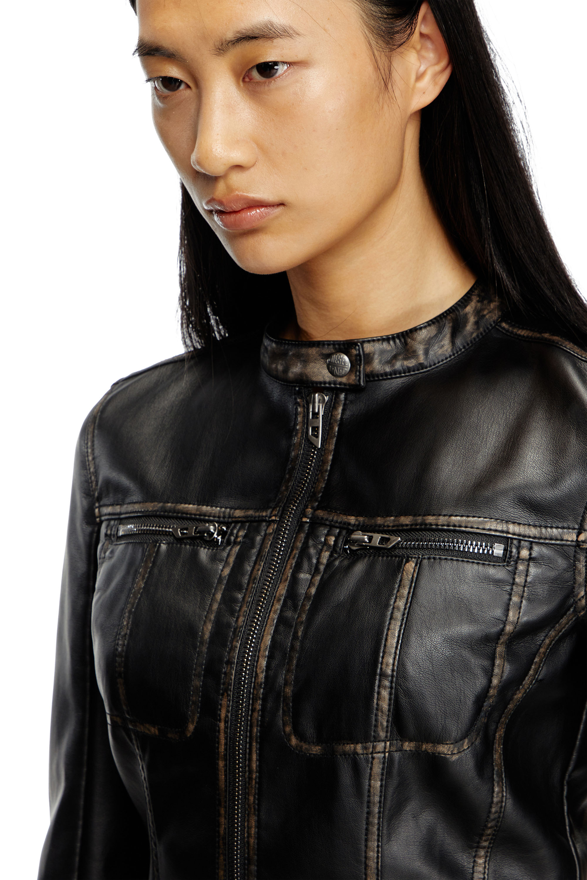 Diesel - G-LOBE, Chaqueta biker desgastada recortada Mujer in Negro - 4