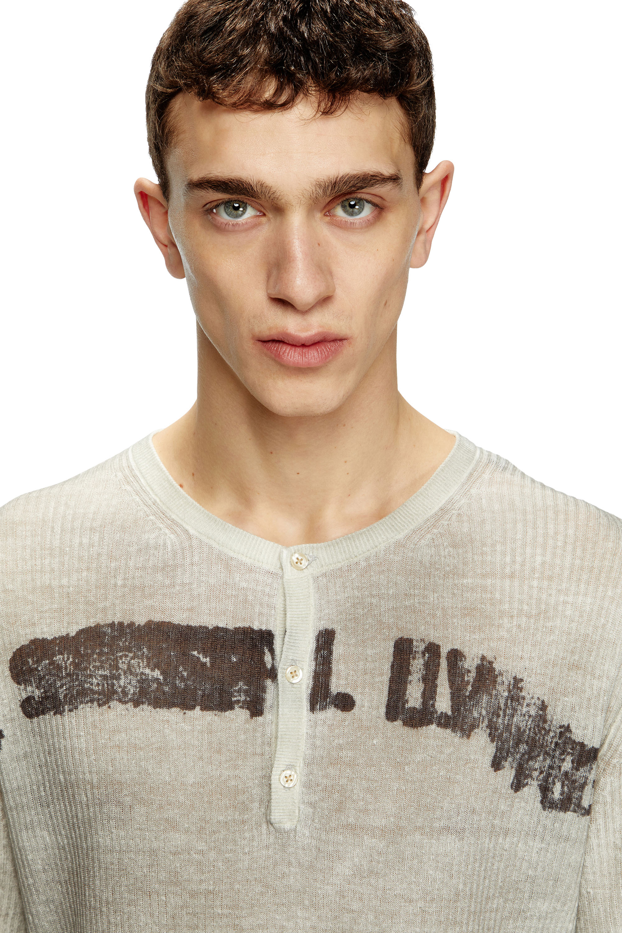 Diesel - K-ROBBY, Suéter Henley con efecto desgastado en lino Unisex in Beige - 4