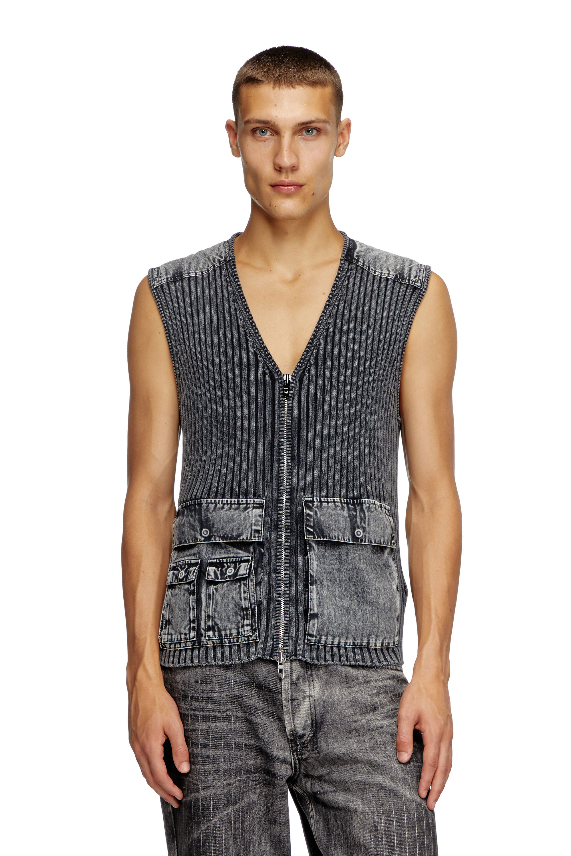 Diesel - K-MARGIE, Chaleco utilitario de tejido en canalé y denim Hombre in Gris - 5