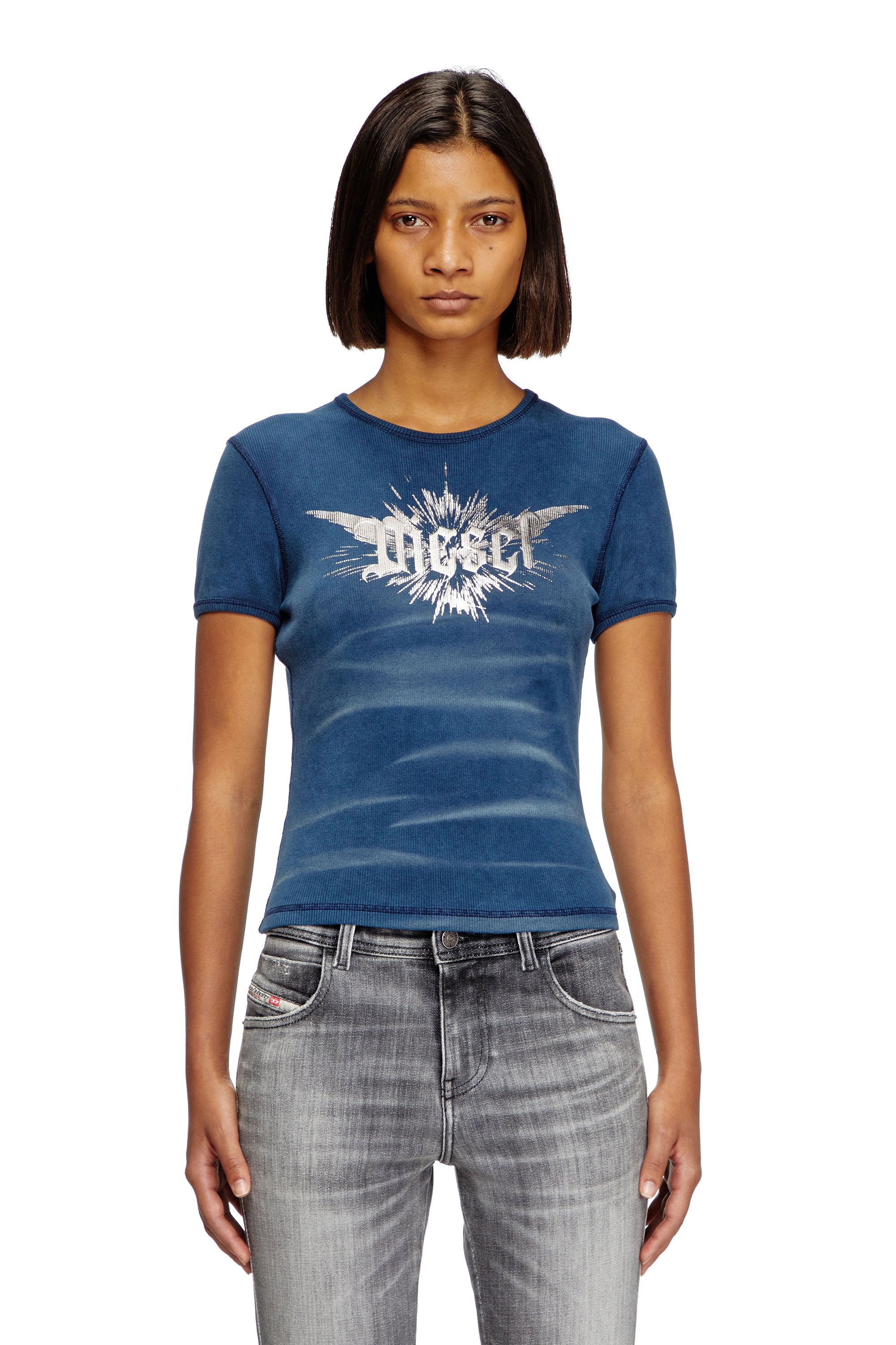 Diesel - T-ELE-LONG-P2, Camiseta con estampado de lámina de Diesel alada Mujer in Azul marino - 1