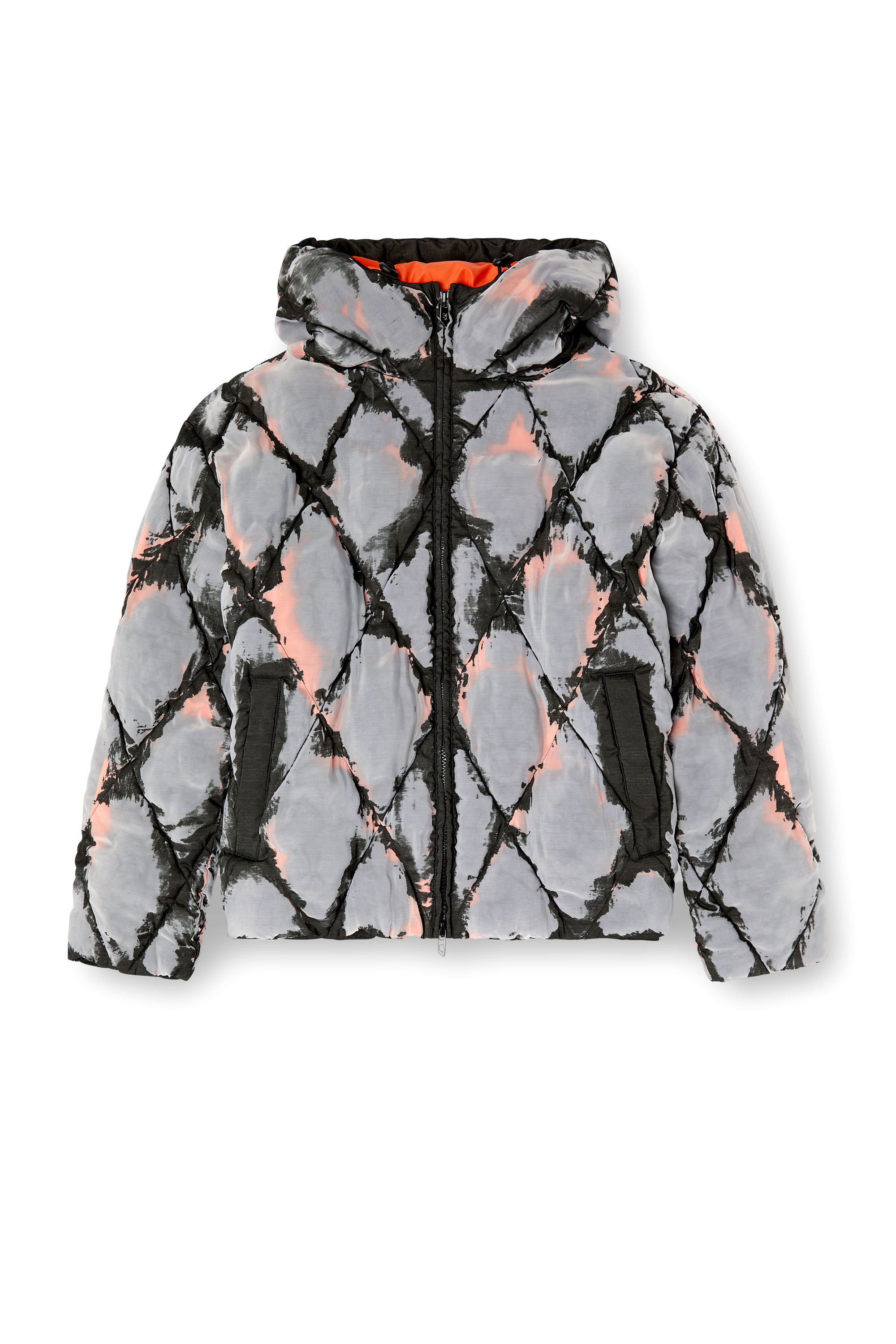 Diesel - W-DOM, Man's Hooded devoré argyle puffer jacket in Black/Red - 6