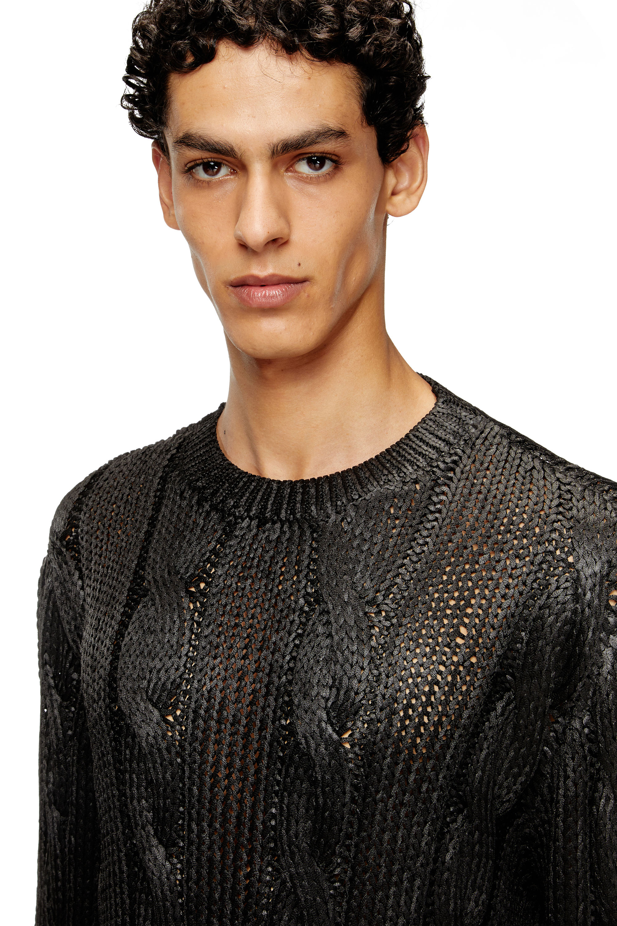 Diesel - K-MICHIU, Man's Cable-knit jumper with shiny effect in Black - 3