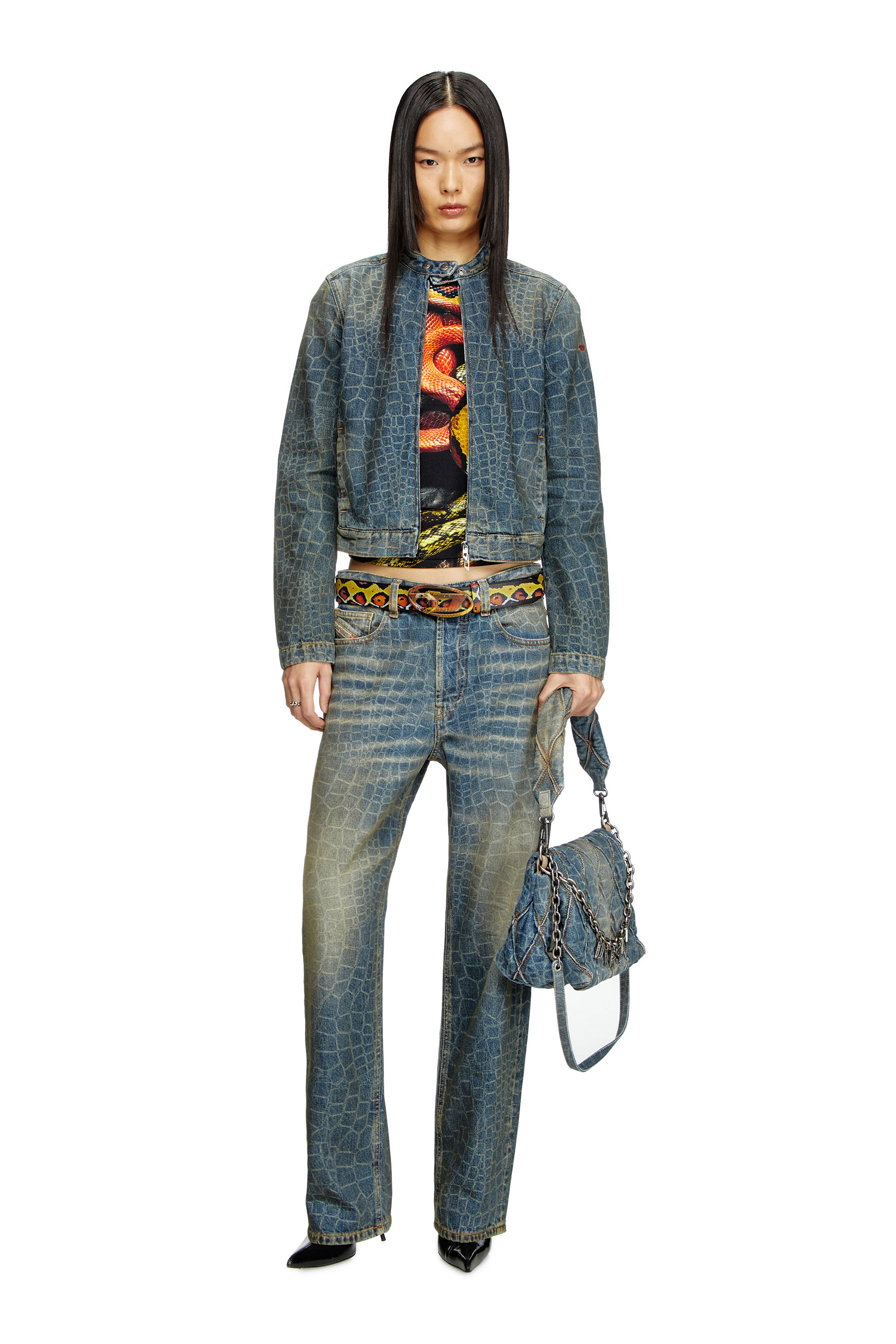 Diesel - CL-DE-MORNIN-SNAKE, Chaqueta motera en denim con estampado de serpiente Mujer in Azul marino - 2