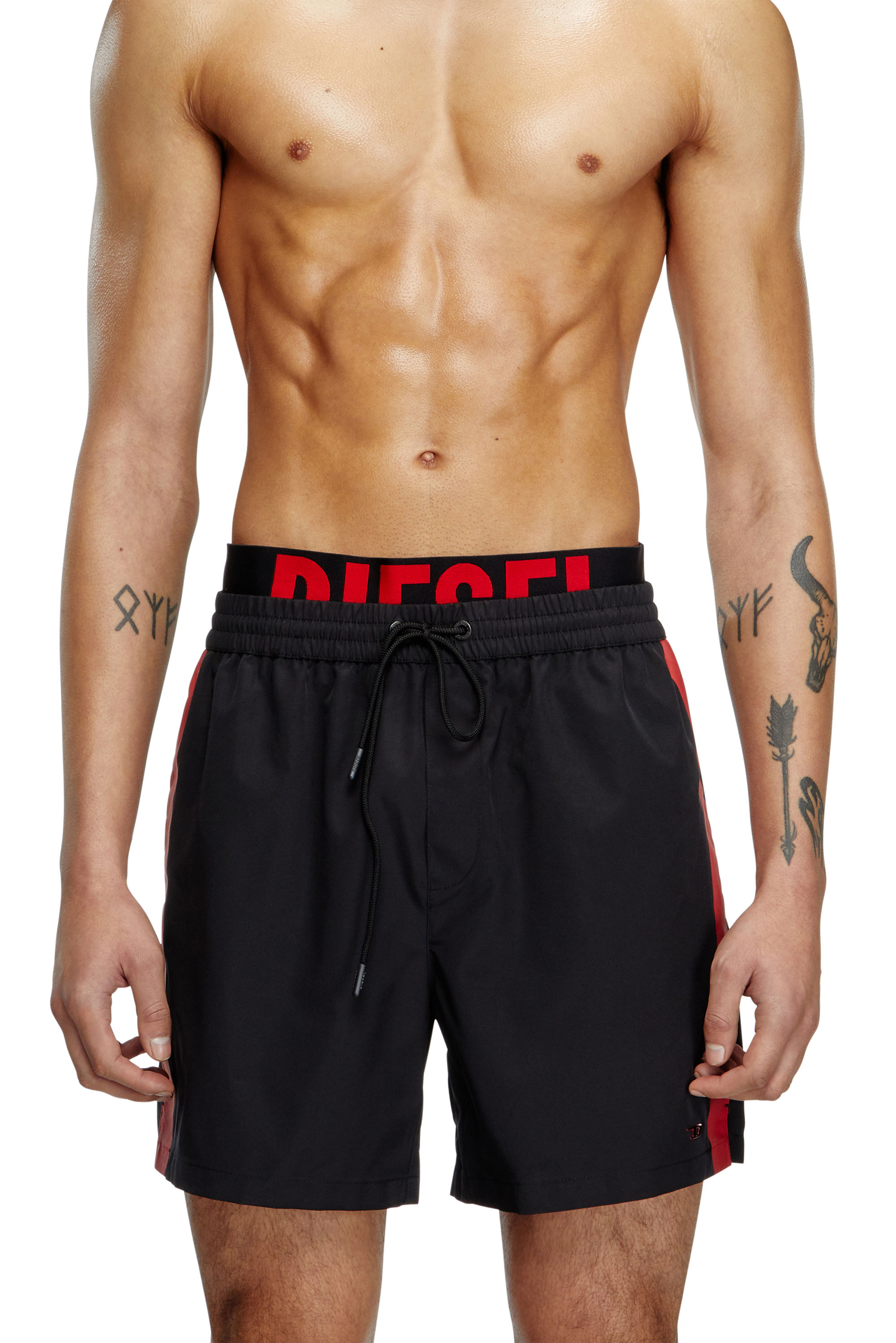 Diesel - VISPER-41-D-POP, Man's Mid-length swim shorts with hybrid waist in Black/Red - 2