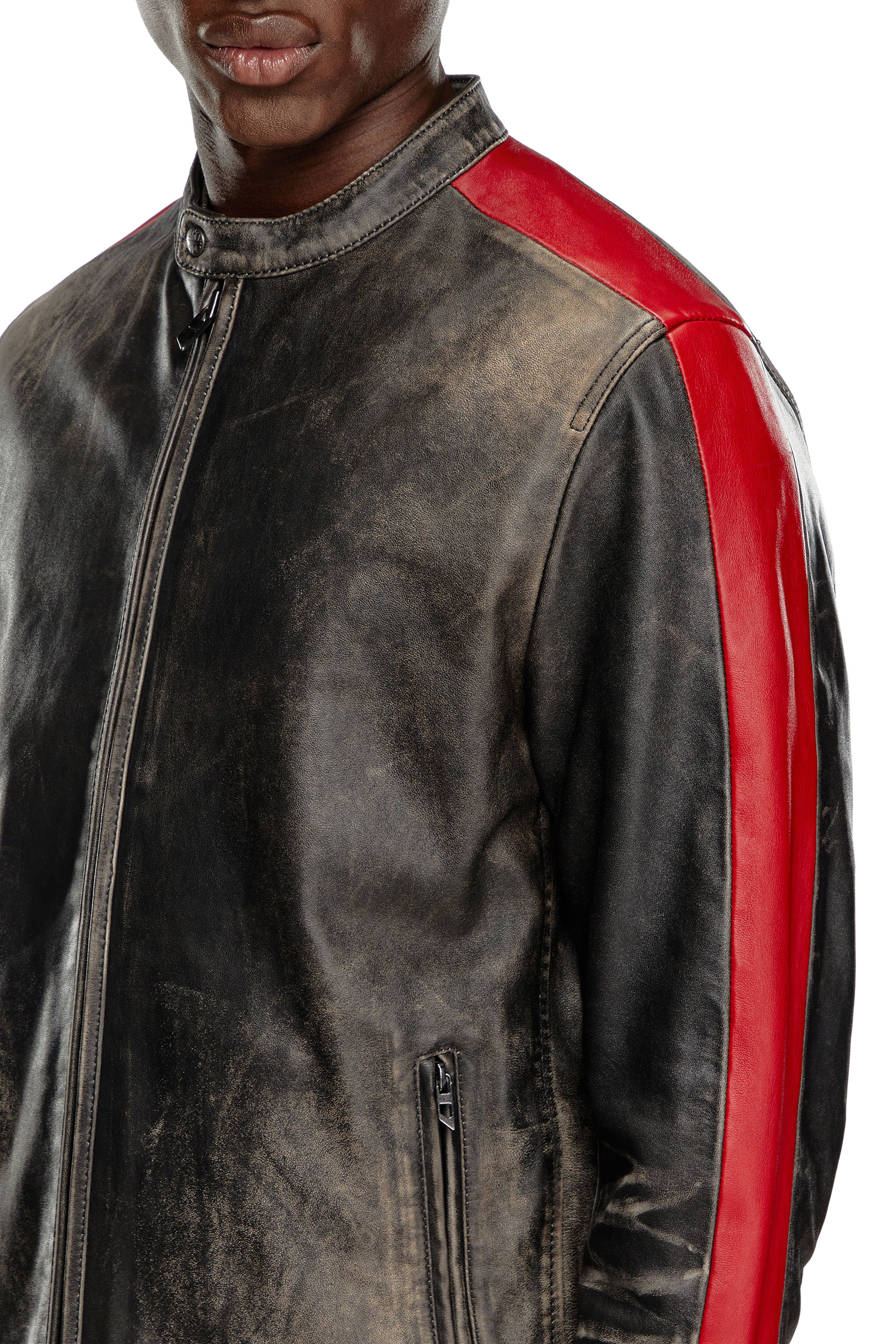 Diesel - L-RENN, Man Leather jacket with contrasting stripes in Multicolor - Image 4