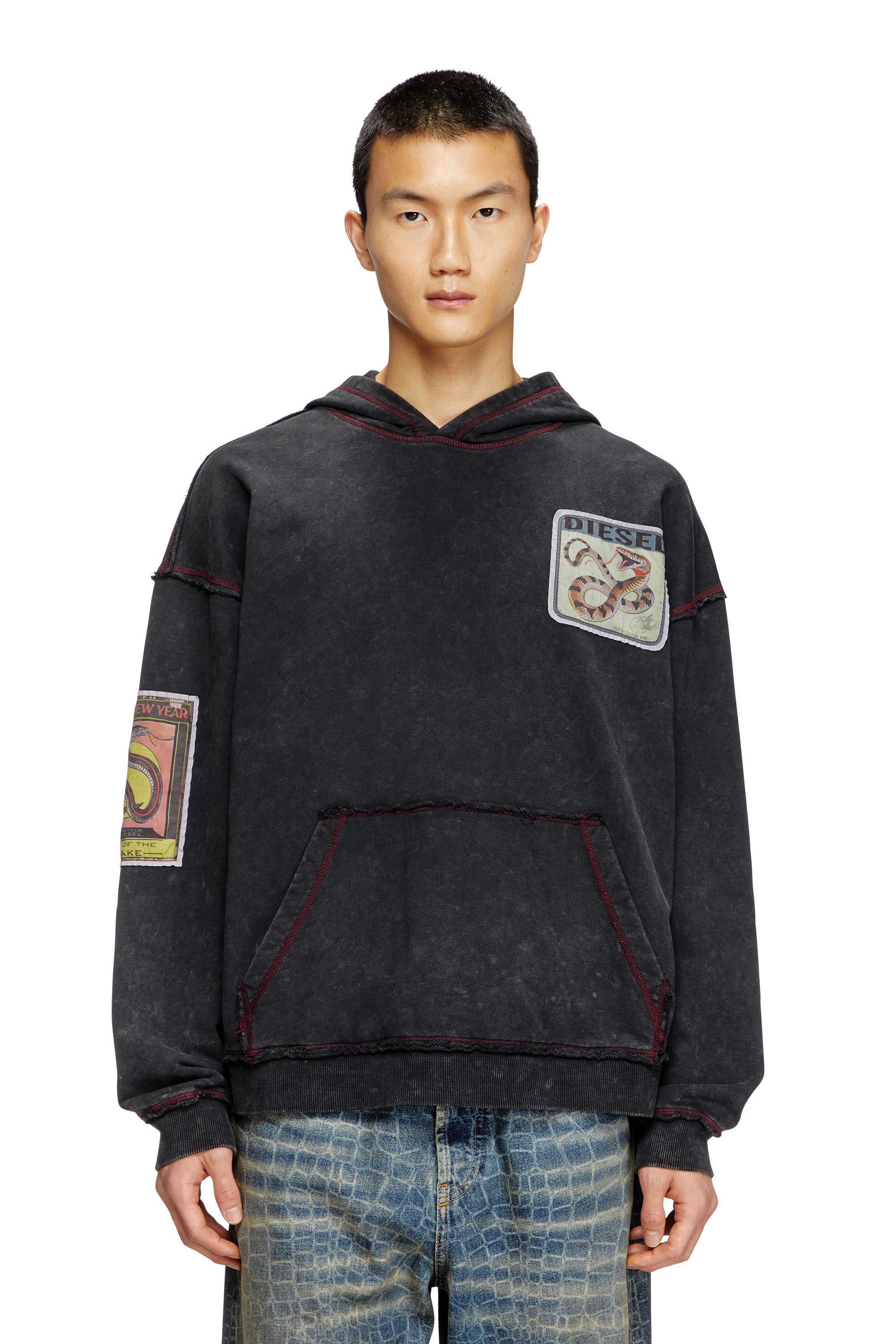 Diesel - CL-S-BOXT-HOOD-SNAKE, Sudadera tratada con capucha y parches de serpiente Unisex in Negro - 1