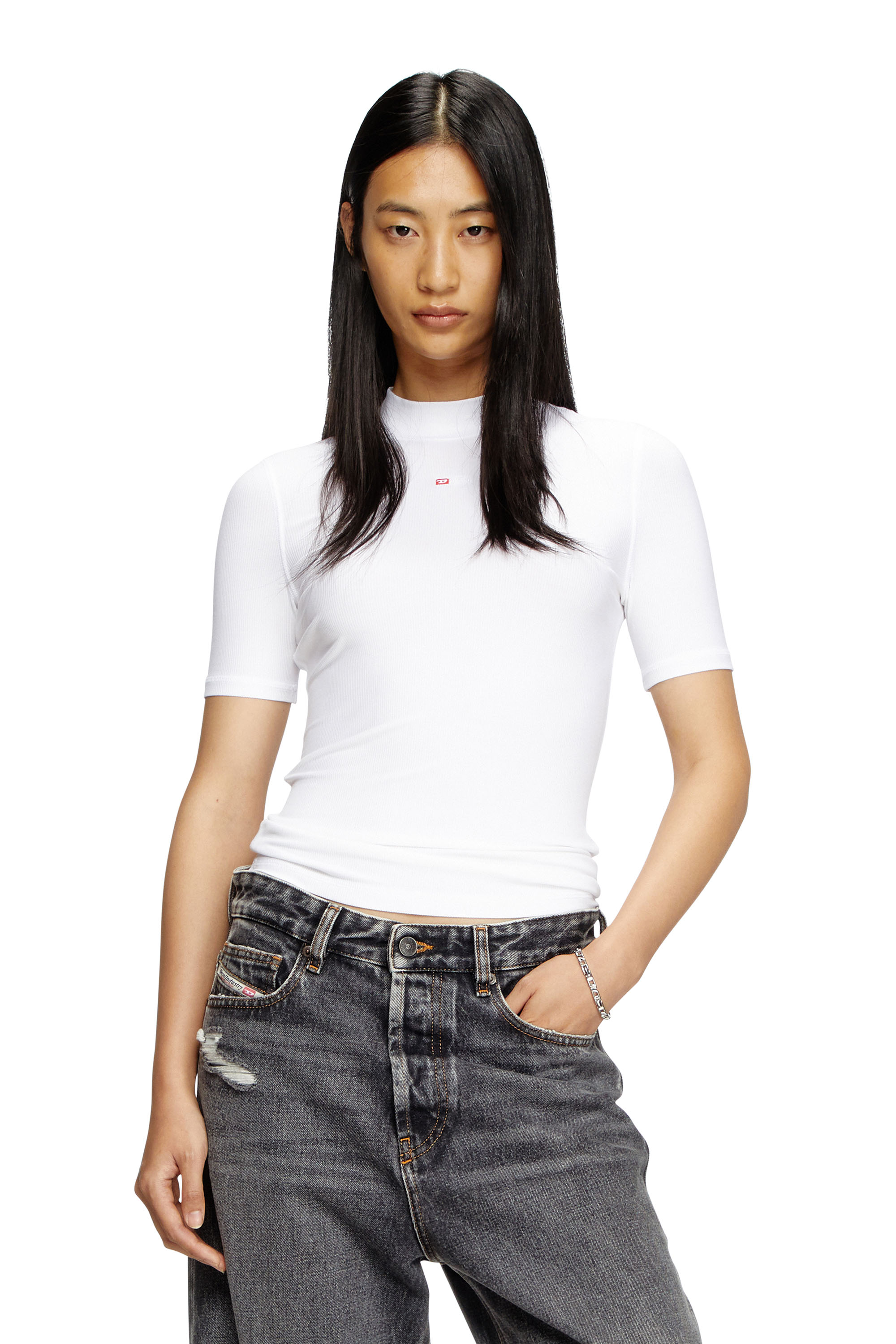 Diesel - T-MOKKY-MICRODIV, Woman's Ribbed T-shirt with mock neck in White - 1