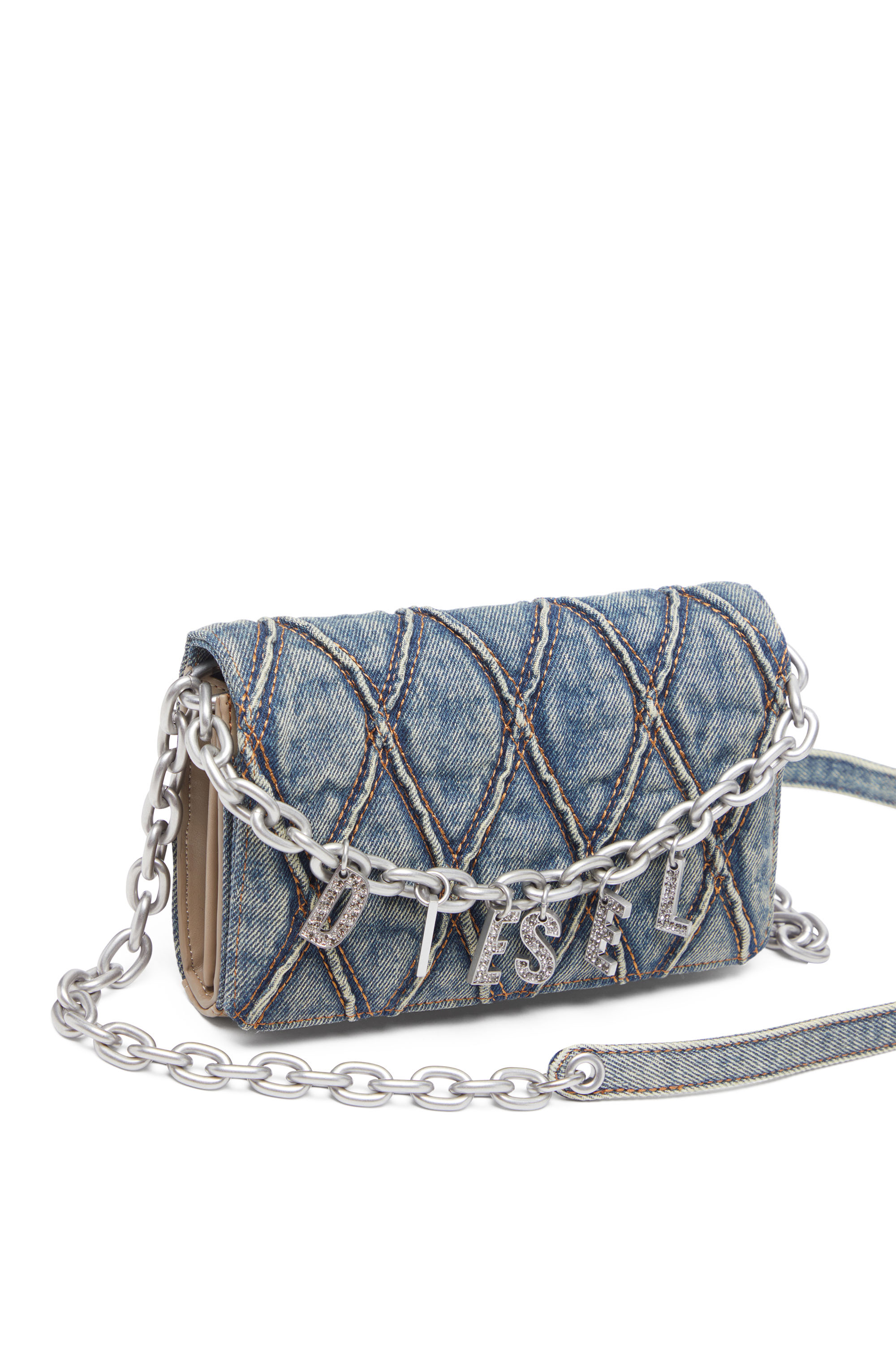 Diesel - CHARM-D WALLET STRAP, Monedero de denim acolchado con motivo argyle Mujer in Azul marino - 5