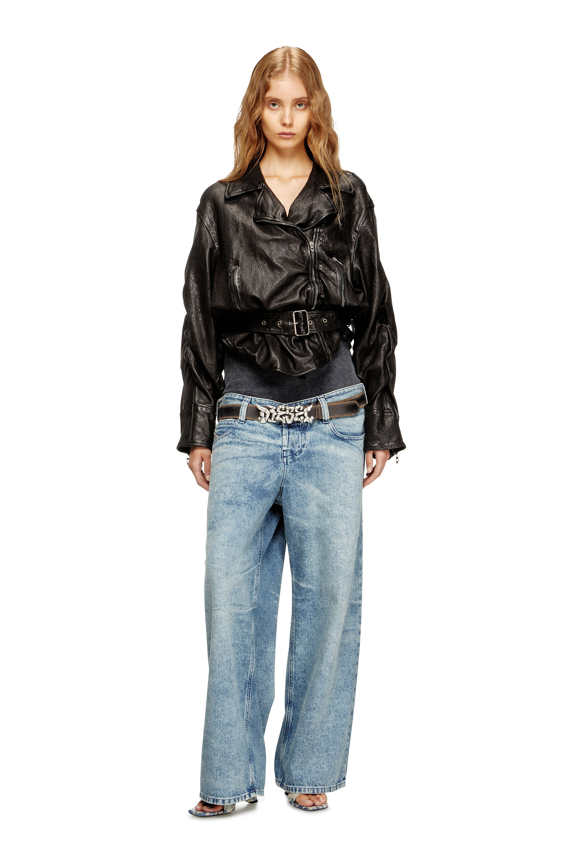 Diesel - L-OYS, Chaqueta con cinturón en cuero hervido Mujer in Negro - 2
