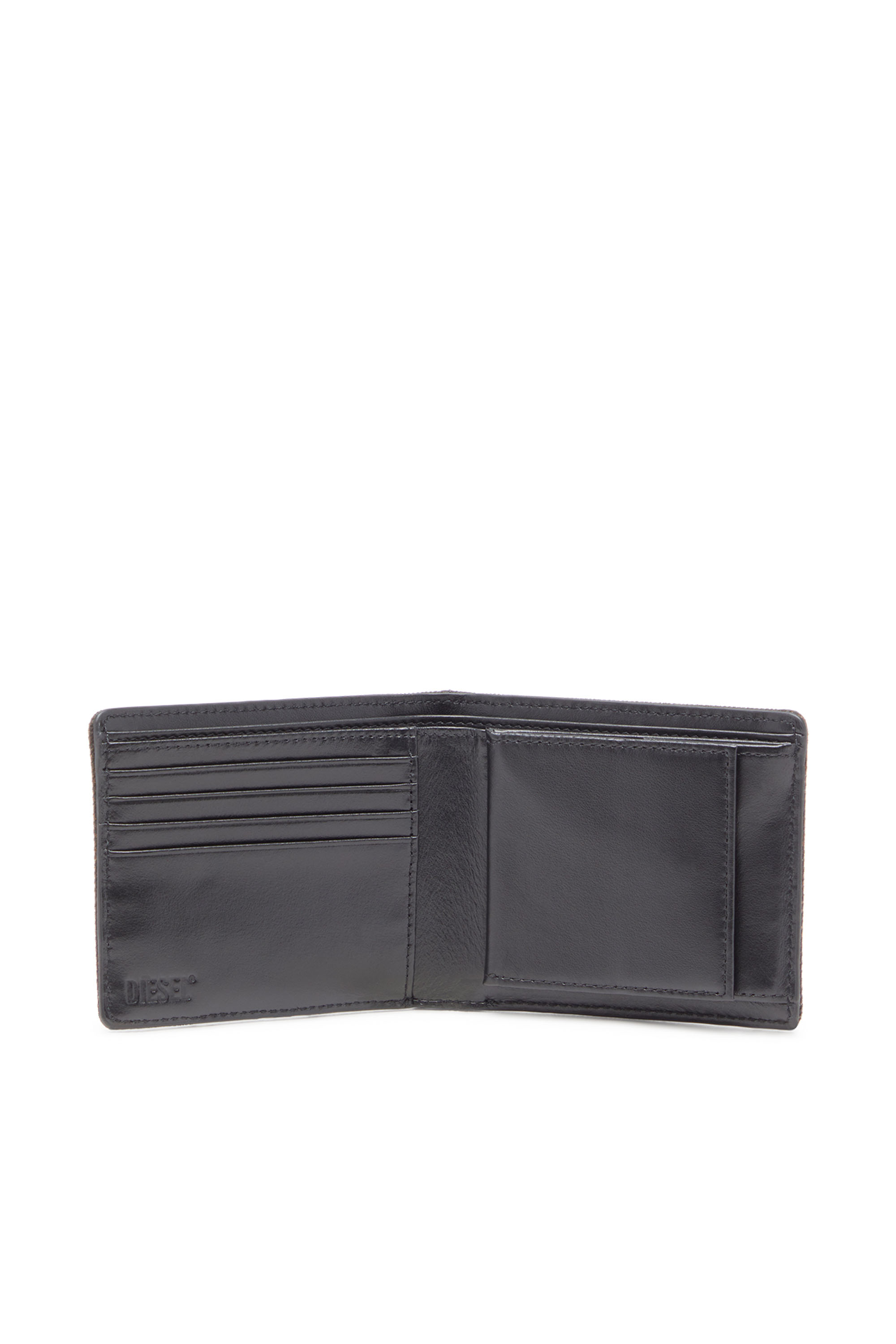 Diesel - MULTI-PKTS BI FOLD COIN S 3D, Cartera de denim recubierto en relieve que se pliega por la mitad Hombre in Negro - 3