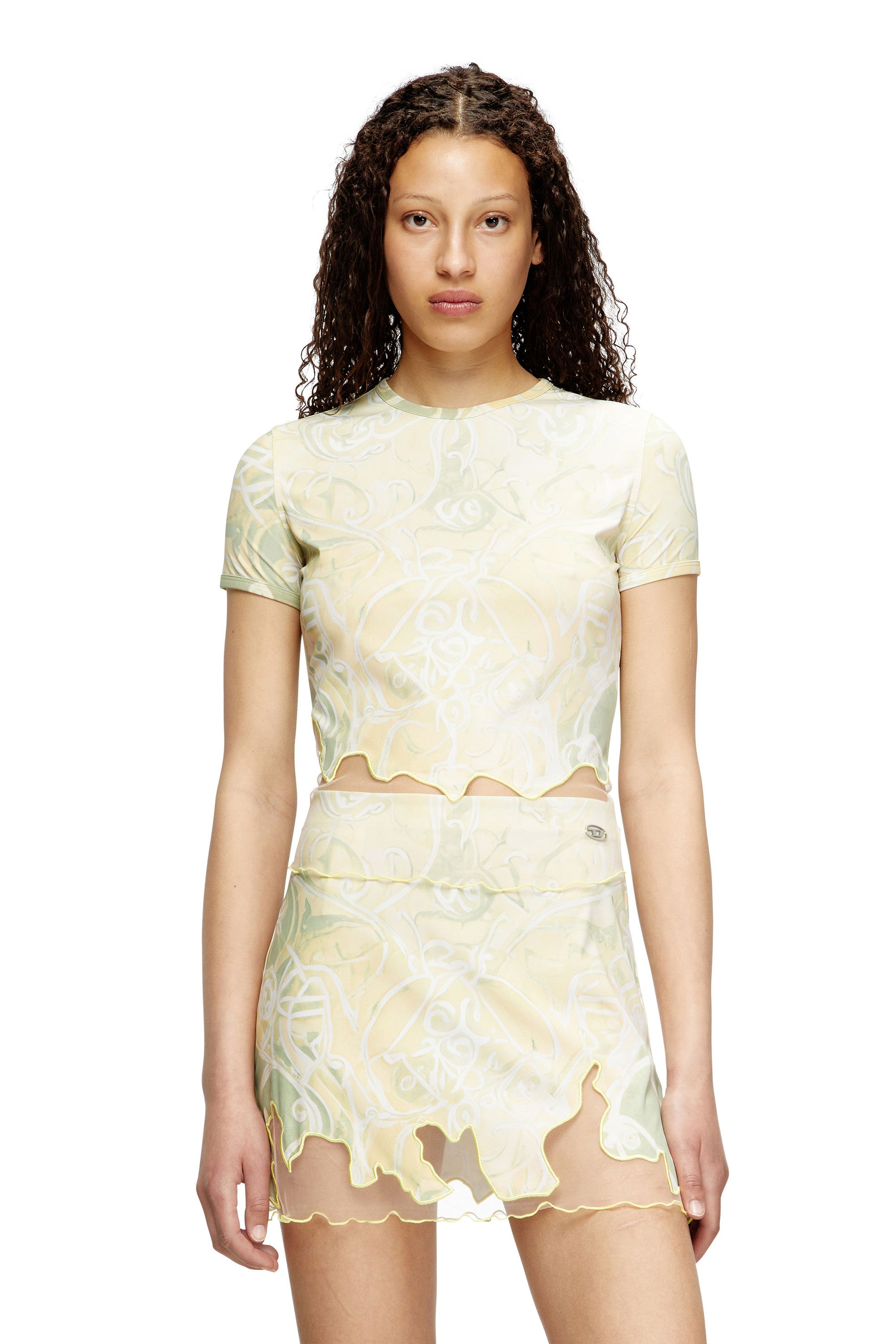 Diesel - T-INLAY, Woman's Nylon T-shirt with Heraldic print in Green - 1