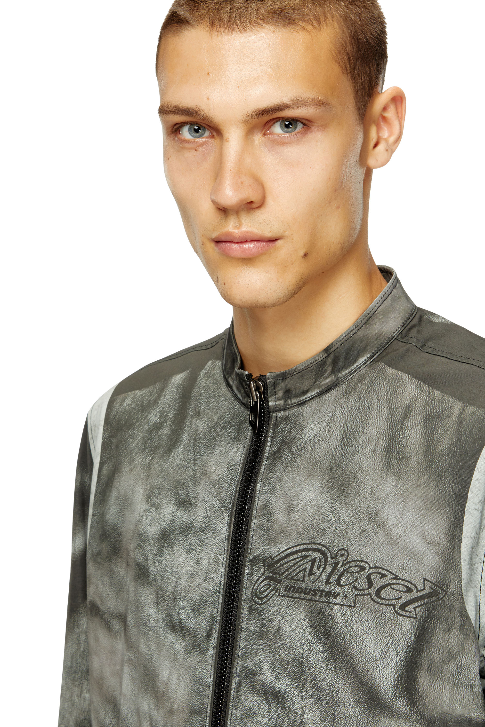 Diesel - J-EVERT, Man's Biker jacket in printed canvas in Dark grey - 4