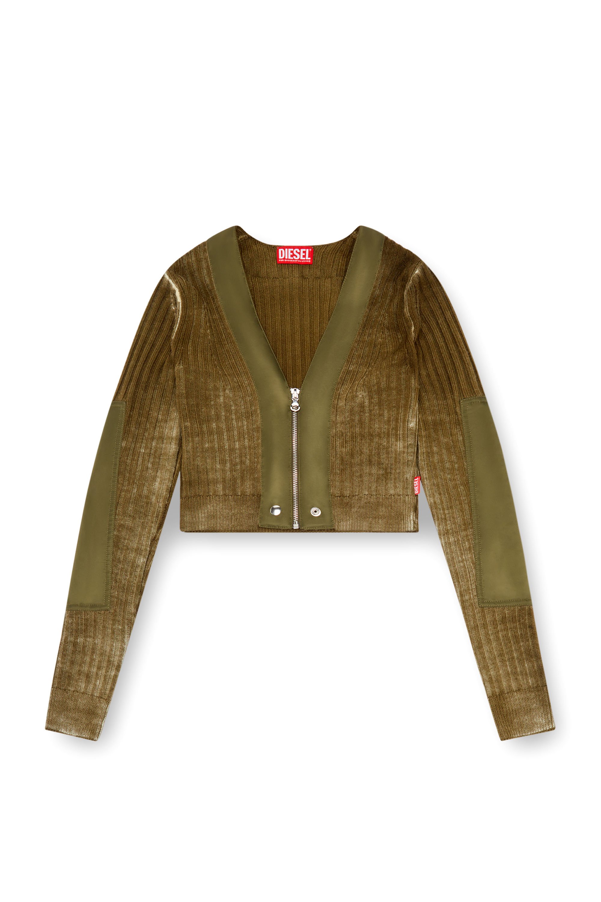 Diesel - M-ASERA, Woman's Cropped wool cardigan with nylon trims in Military Green - 5