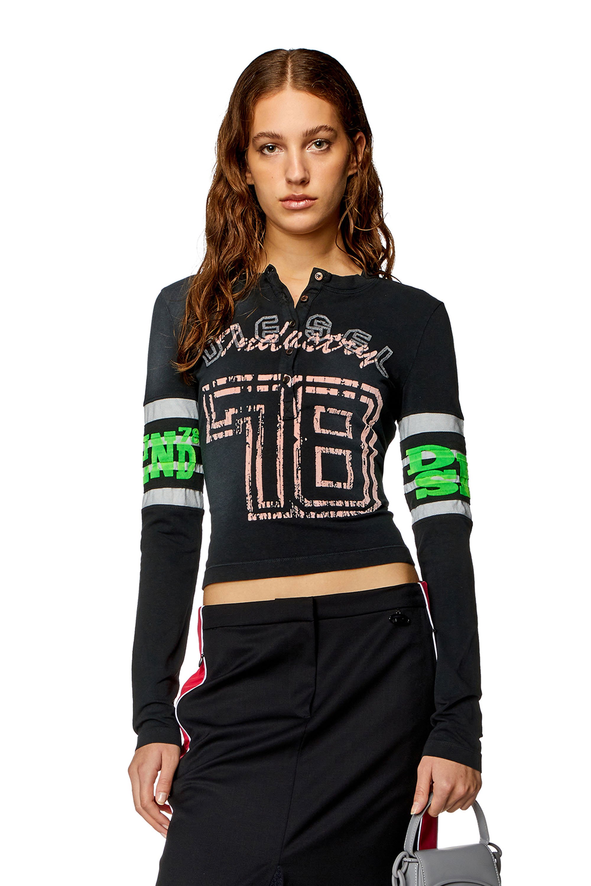Diesel - T-UNCSERAFIN, Woman Top in treated jersey with flock prints in Black - Image 1
