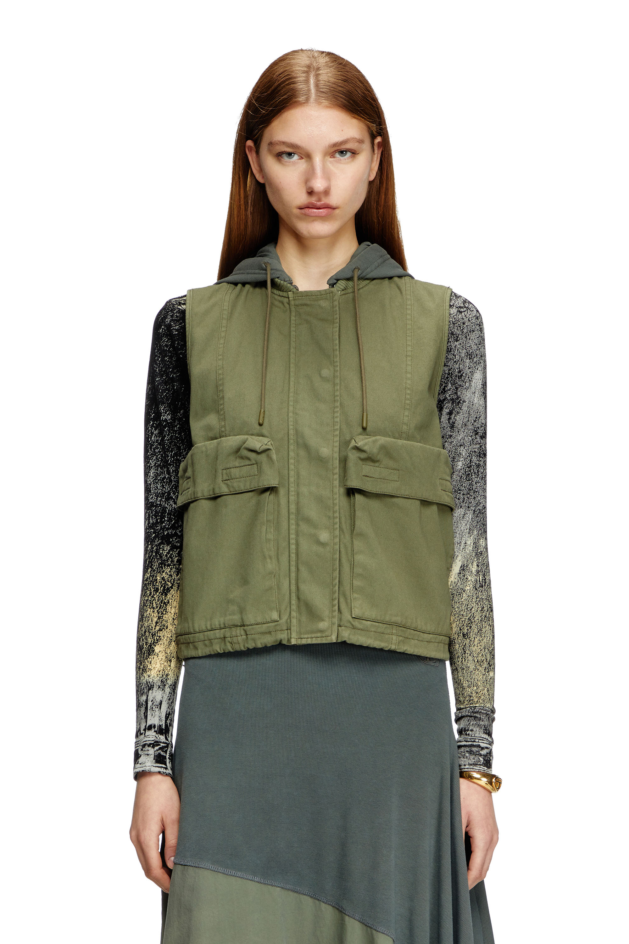 Diesel - G-ENESIS, Woman's Hooded cargo vest in cotton twill in Military Green - 2