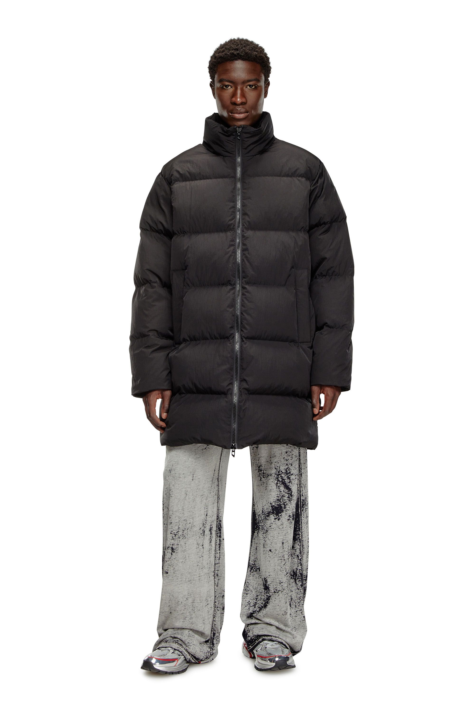 Diesel - W-RAVEEL-LONG, Man's Longline down jacket in crinkled nylon in Black - 1