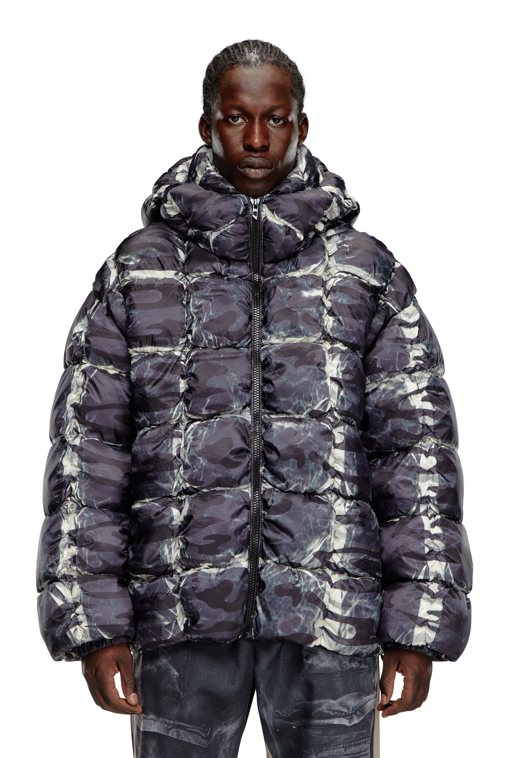 Diesel - W-CLAUS-CAMU, Man Hooded puffer jacket with camo print in Grey - Image 1