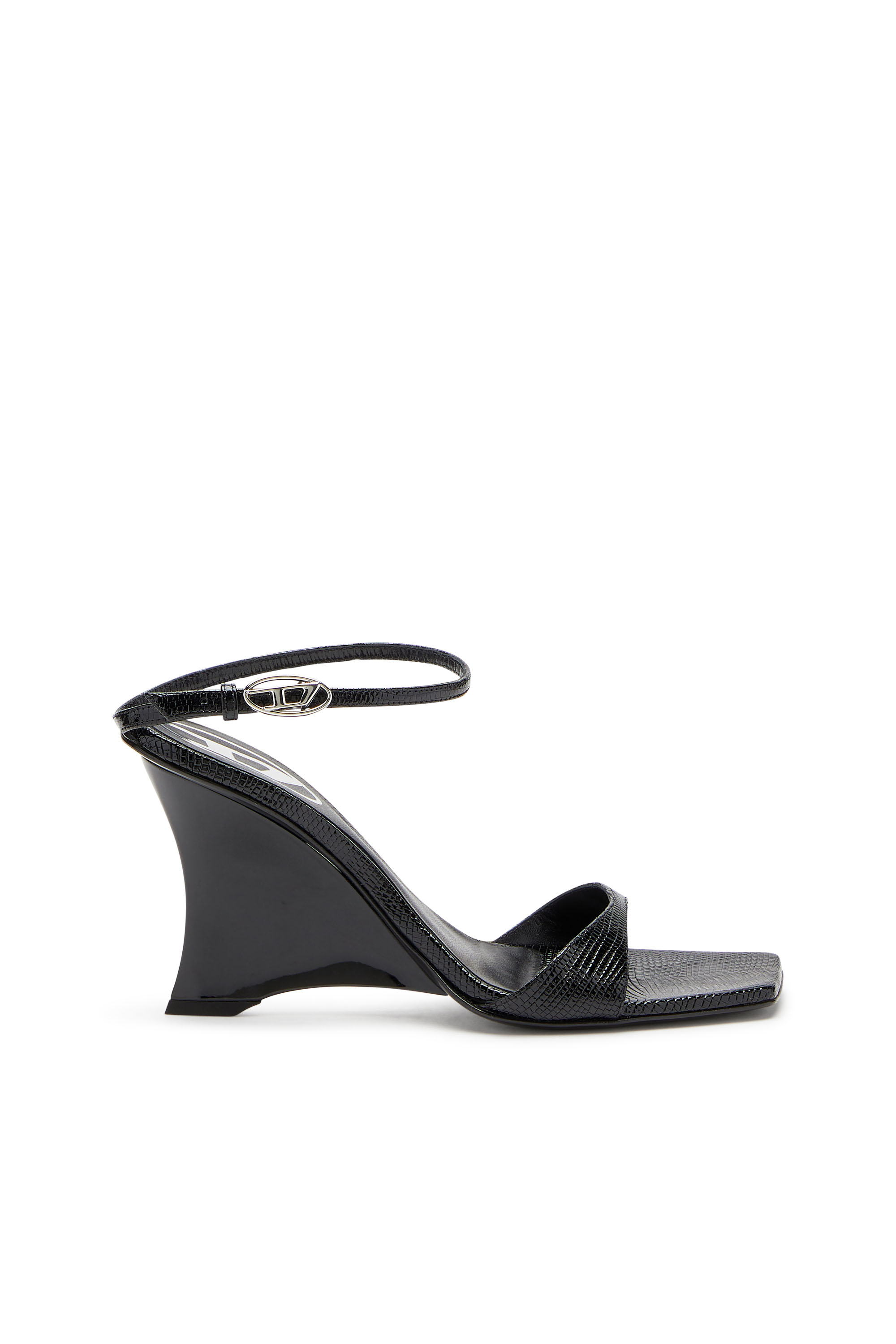 Diesel - D-AMBER SANDAL WEDGE, Sandalias de cuña en cuero efecto lagarto Mujer in Negro - 1