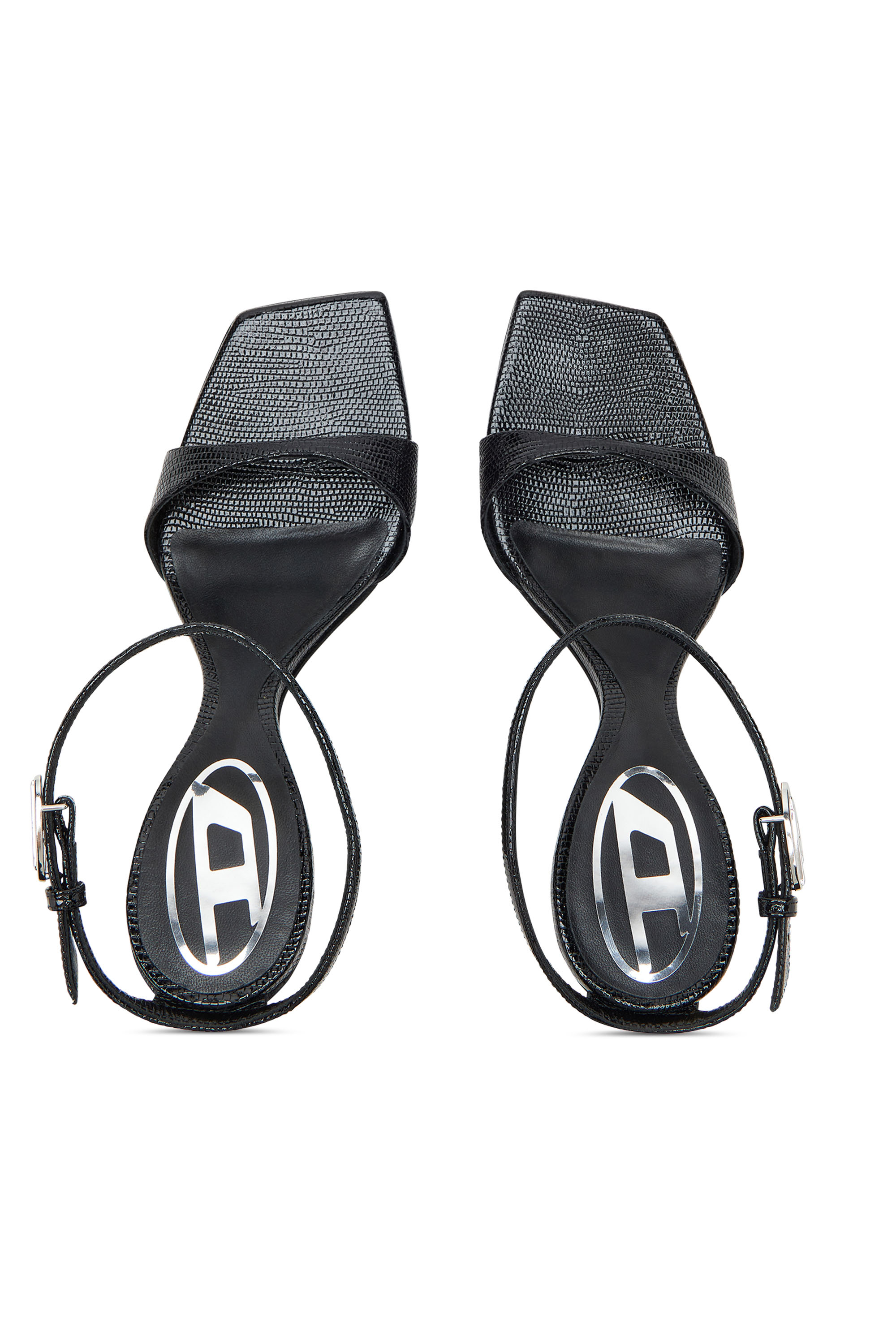 Diesel - D-AMBER SANDAL WEDGE, Sandalias de cuña en cuero efecto lagarto Mujer in Negro - 4