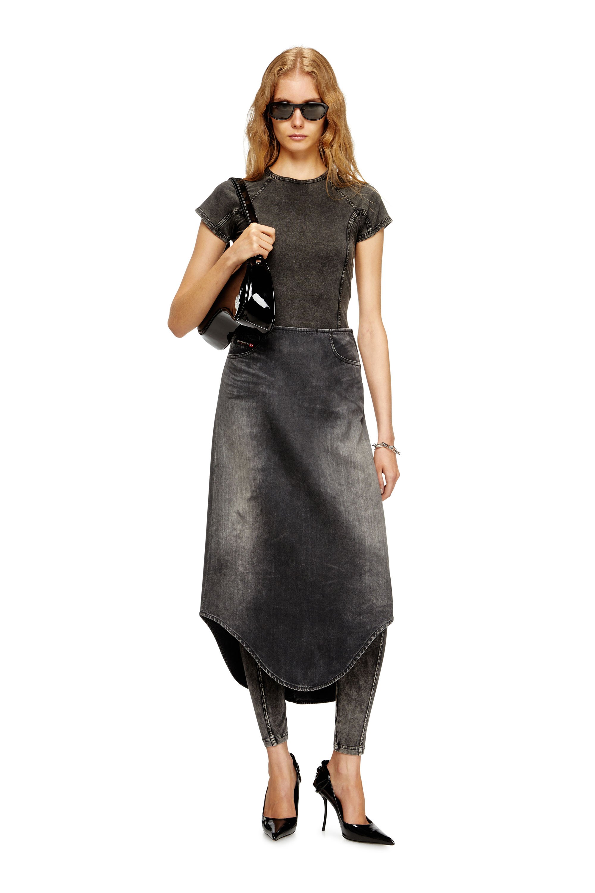 Diesel - DE-PLUMY-S, Falda midi de denim con efecto sombra Mujer in Negro - 2