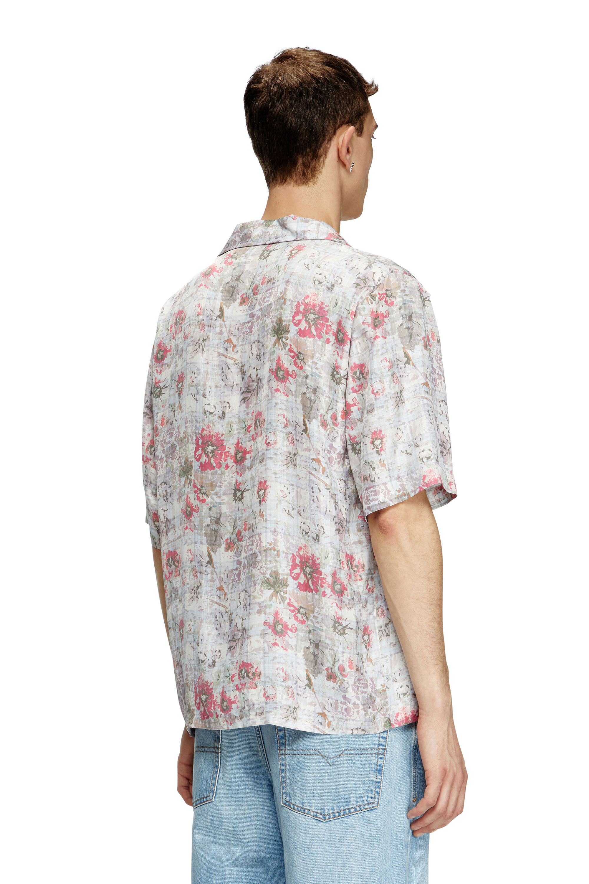 Diesel - S-LEYS, Man's Bowling shirt with floral print in Blue/Pink - 3