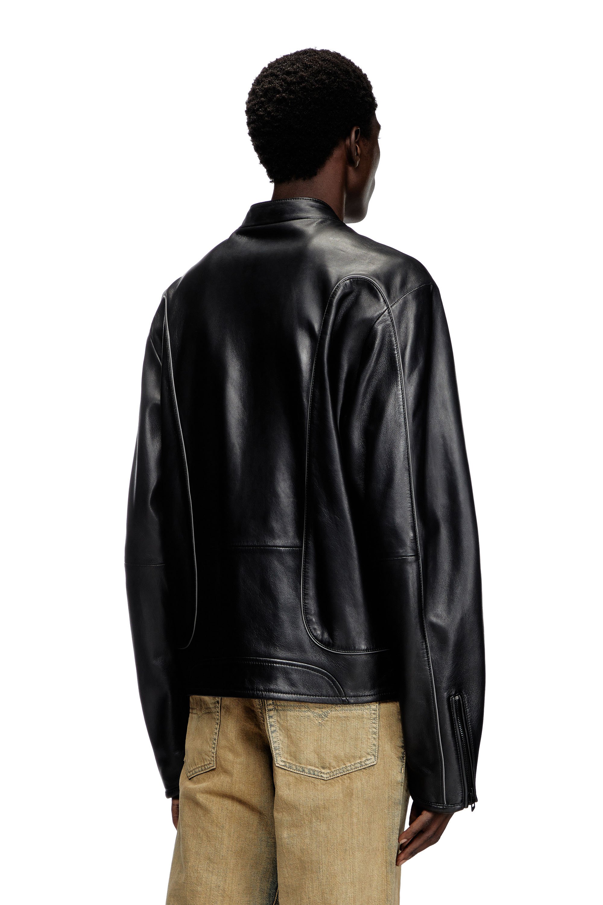 Diesel - L-KRIXY, Chaqueta biker de cuero con detalles de ribetes Hombre in Negro - 3