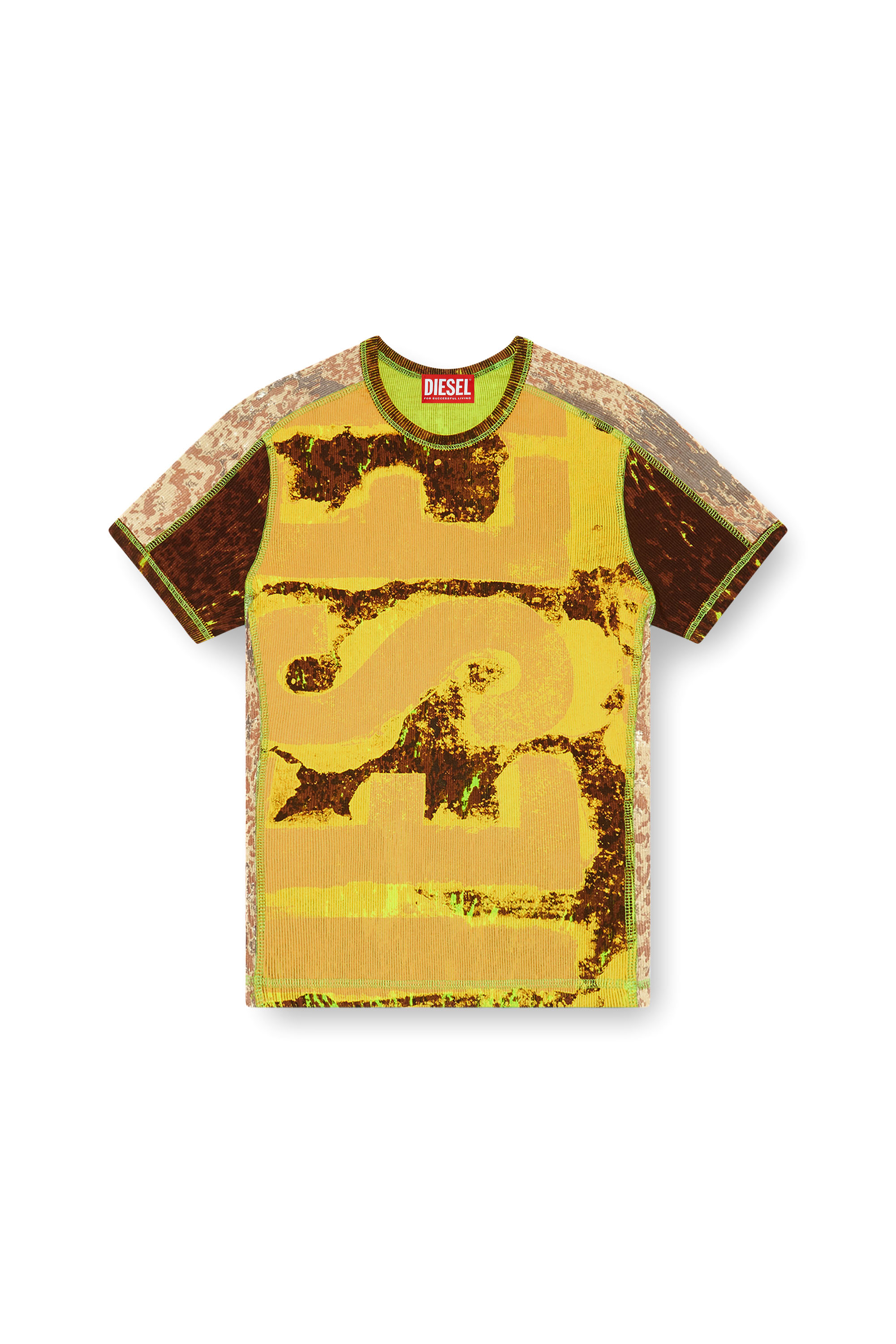 Diesel - T-ELE-LONG-P5, Woman's Ribbed T-shirt with abstract print in Brown/Yellow - 4