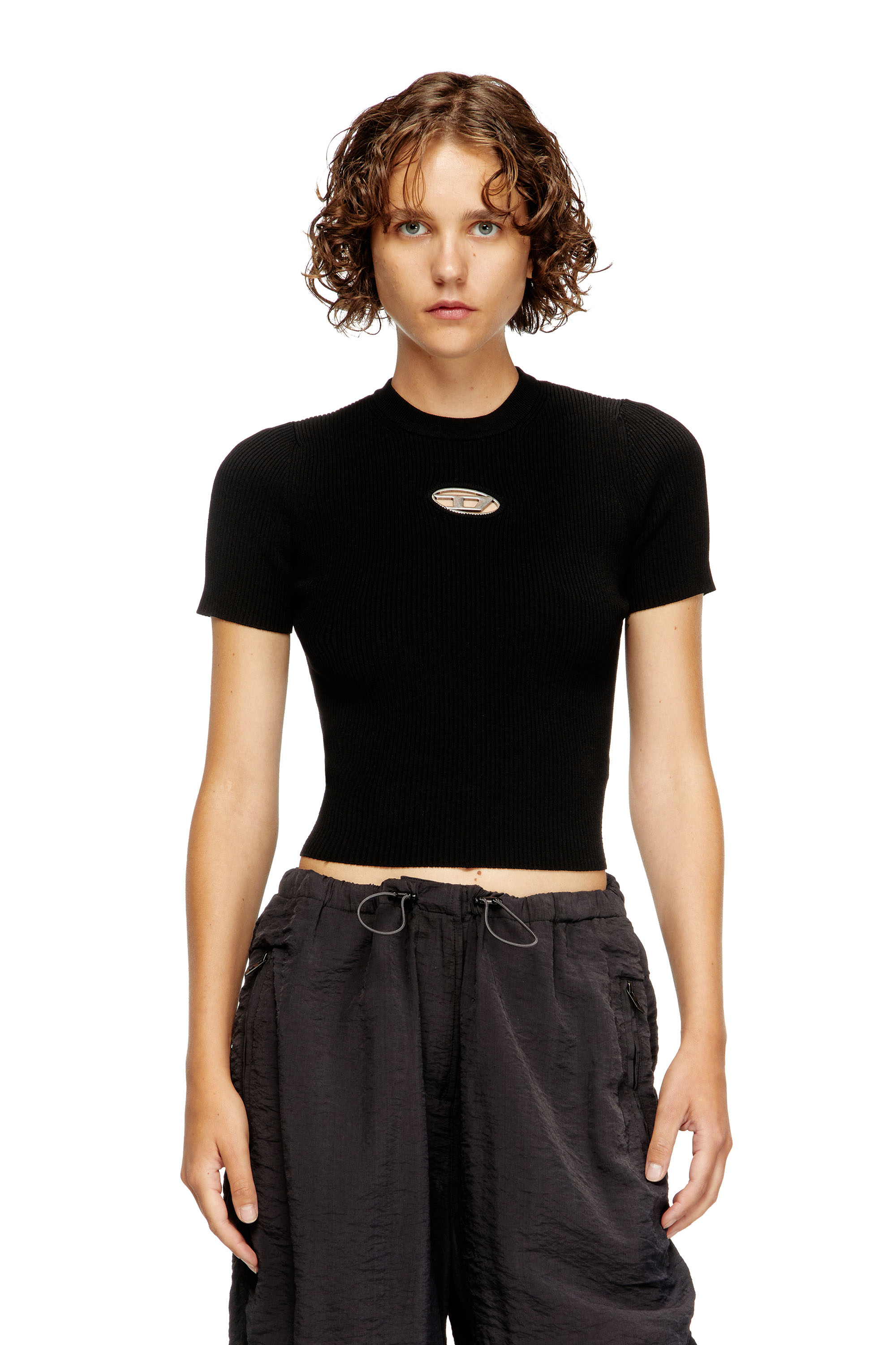 Diesel - M-VALARI-SS, Woman's Short-sleeve jumper with metal Oval D in Black - 1