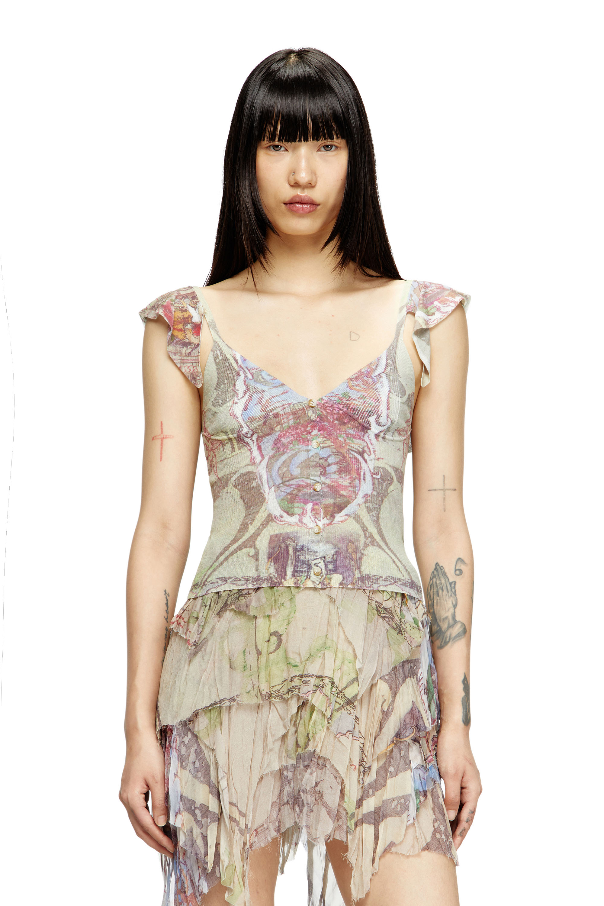Diesel - M-FIORE, Woman's Ruffle-shoulder knit top with medieval print in Beige - 1