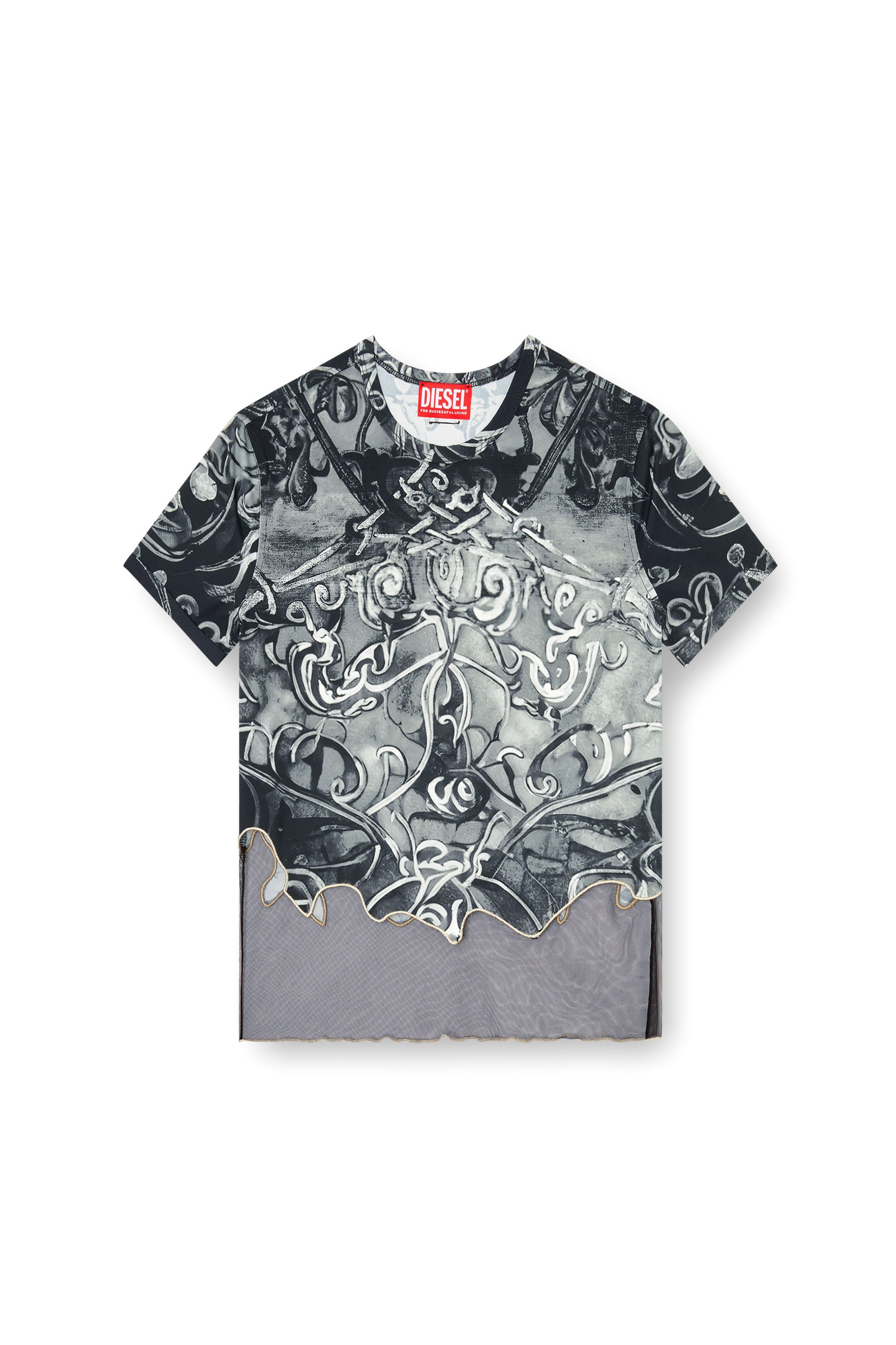 Diesel - T-INLAY, Woman's Nylon T-shirt with Heraldic print in Black/Grey - 4