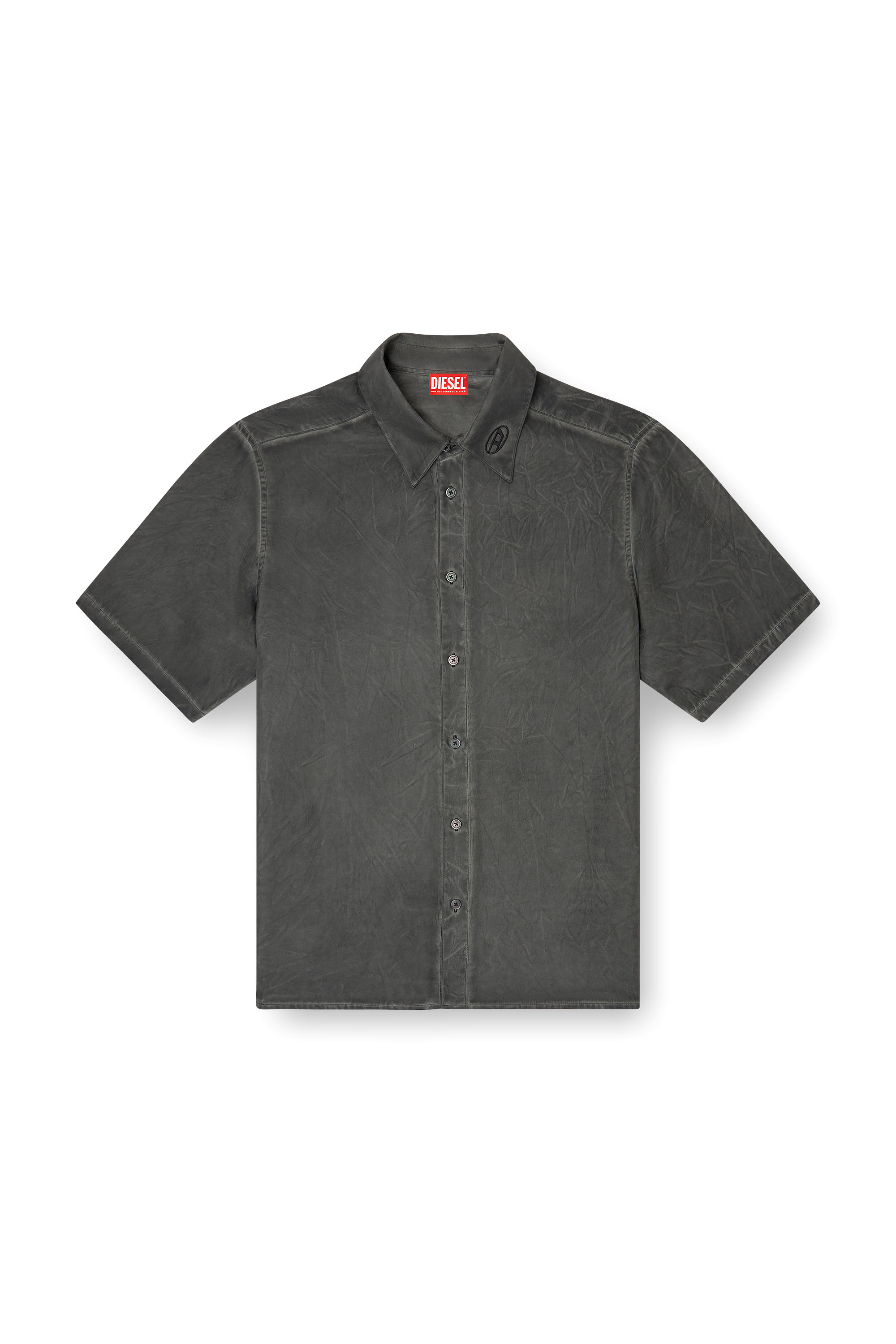 Diesel - S-LEON-SHORT, Unisex's Crinkled short-sleeve shirt with logo collar in Black - 6