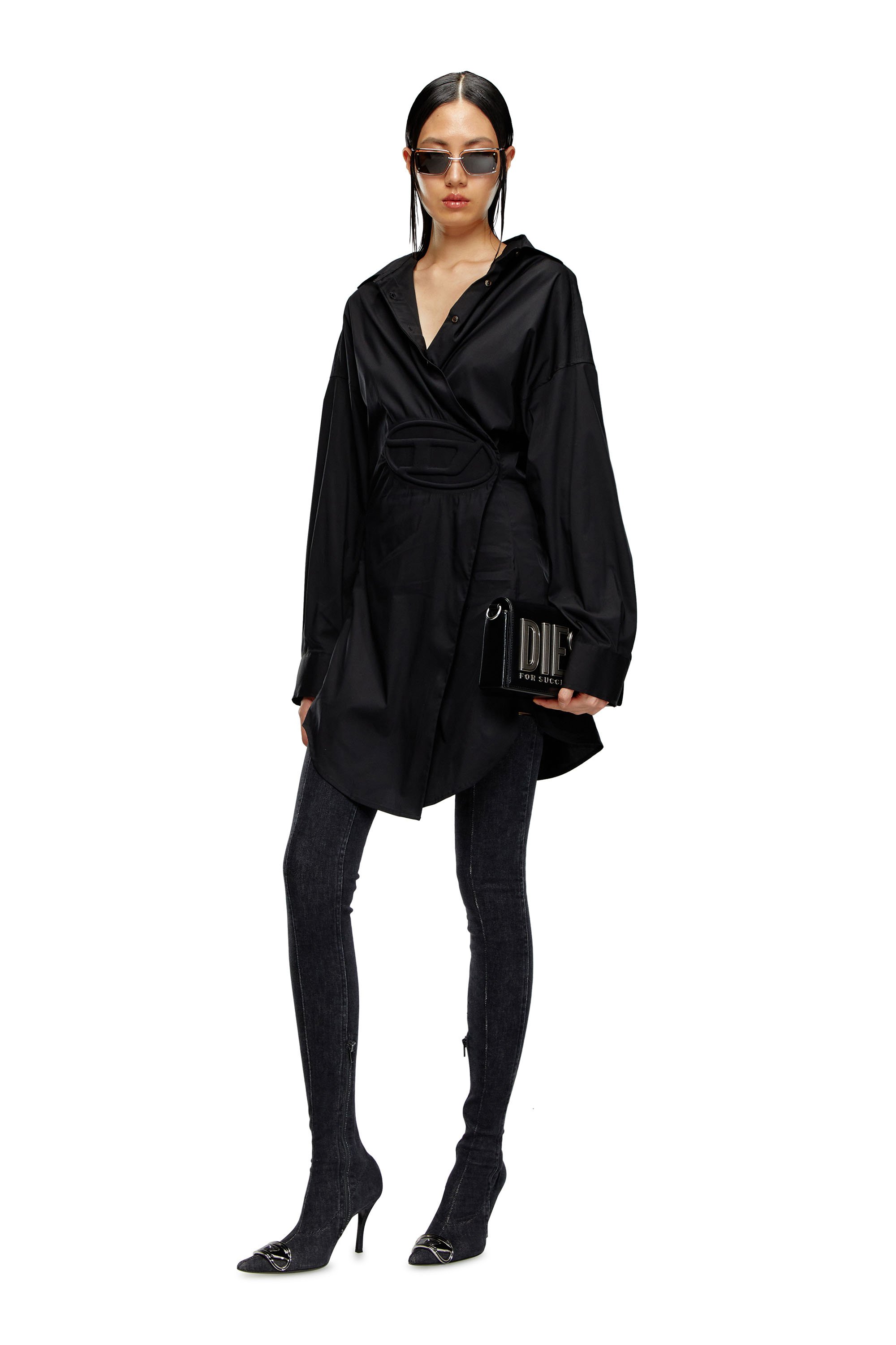Diesel - D-SIZEN-N1, Woman Short shirt dress in stretch poplin in Black - Image 1