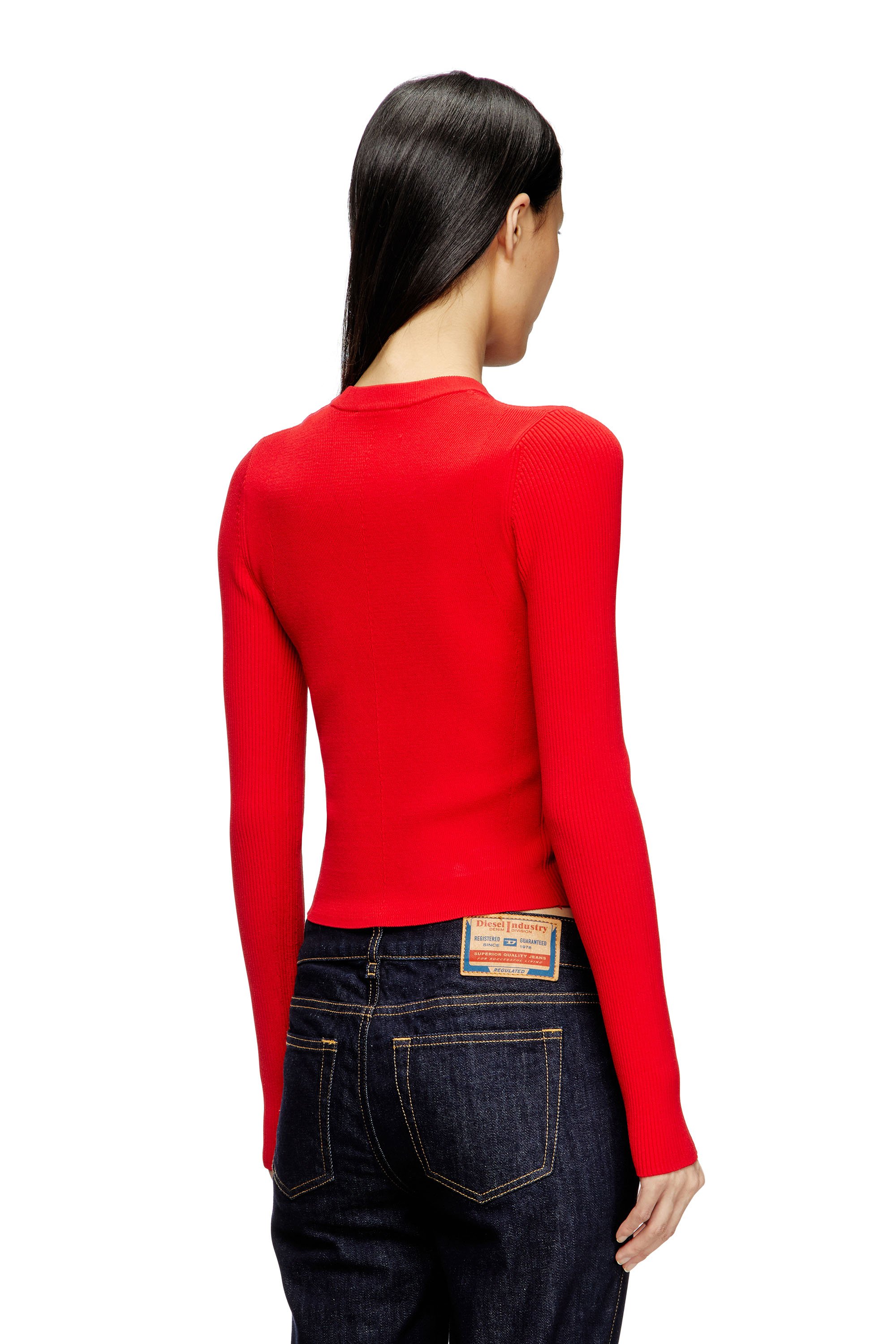 Diesel - M-VALARI, Woman's Rib-knit viscose-blend top with Oval D in Red - 3