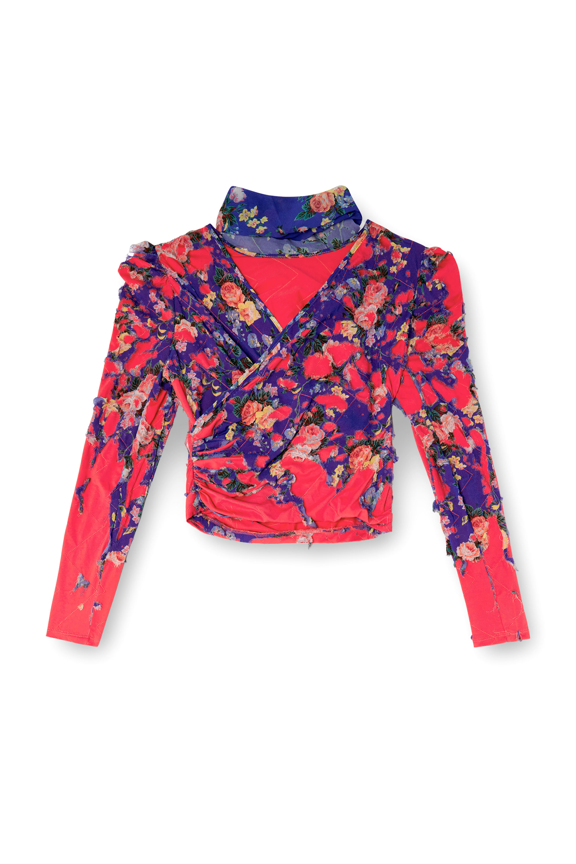 Diesel - T-FLOYAL, Woman's Puff-sleeve scarf neck top with devoré in Pink/Blue - 6