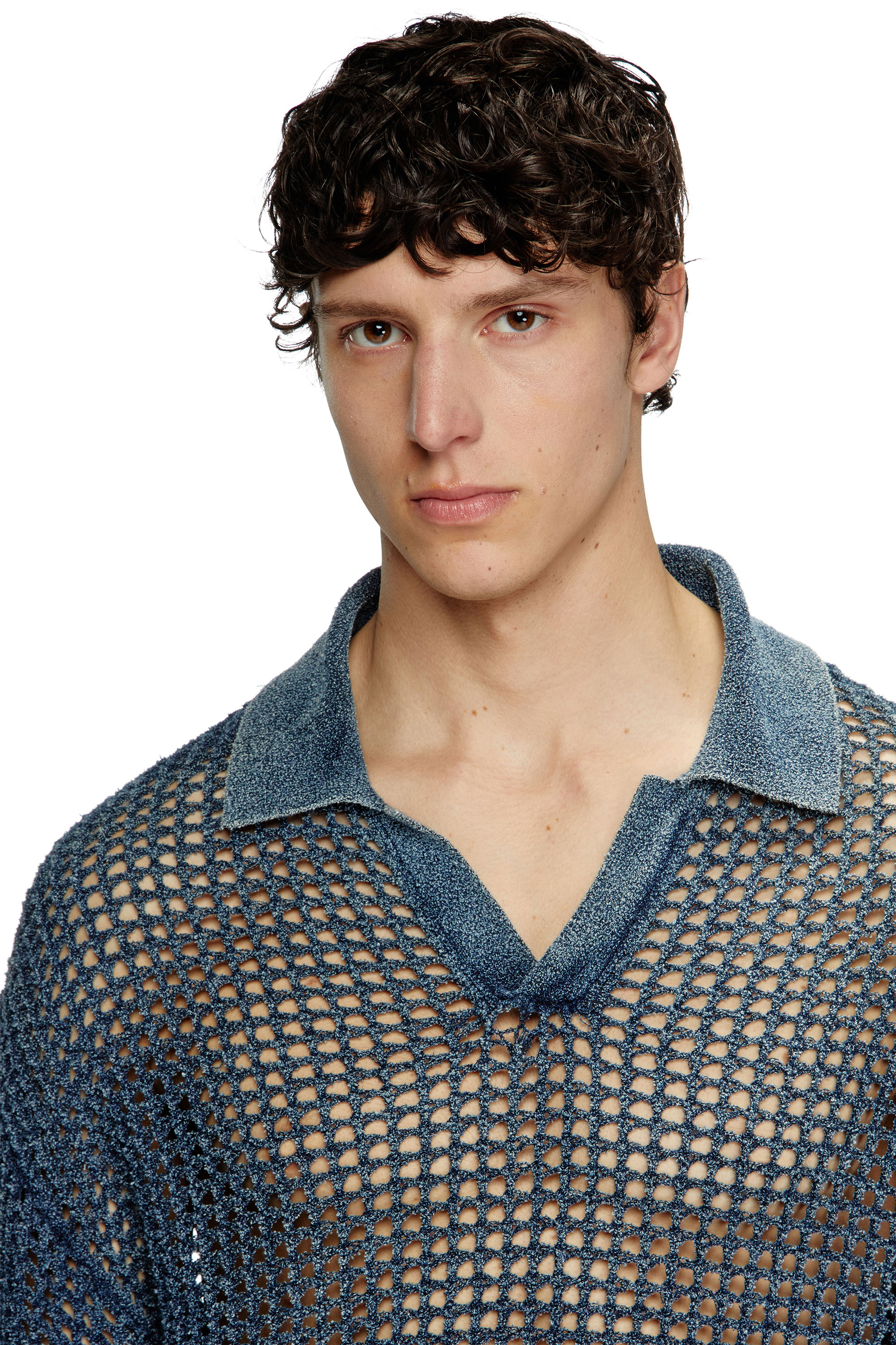 Diesel - K-SQUARED, Man's Open-knit polo jumper in denim yarn in Blue - 4