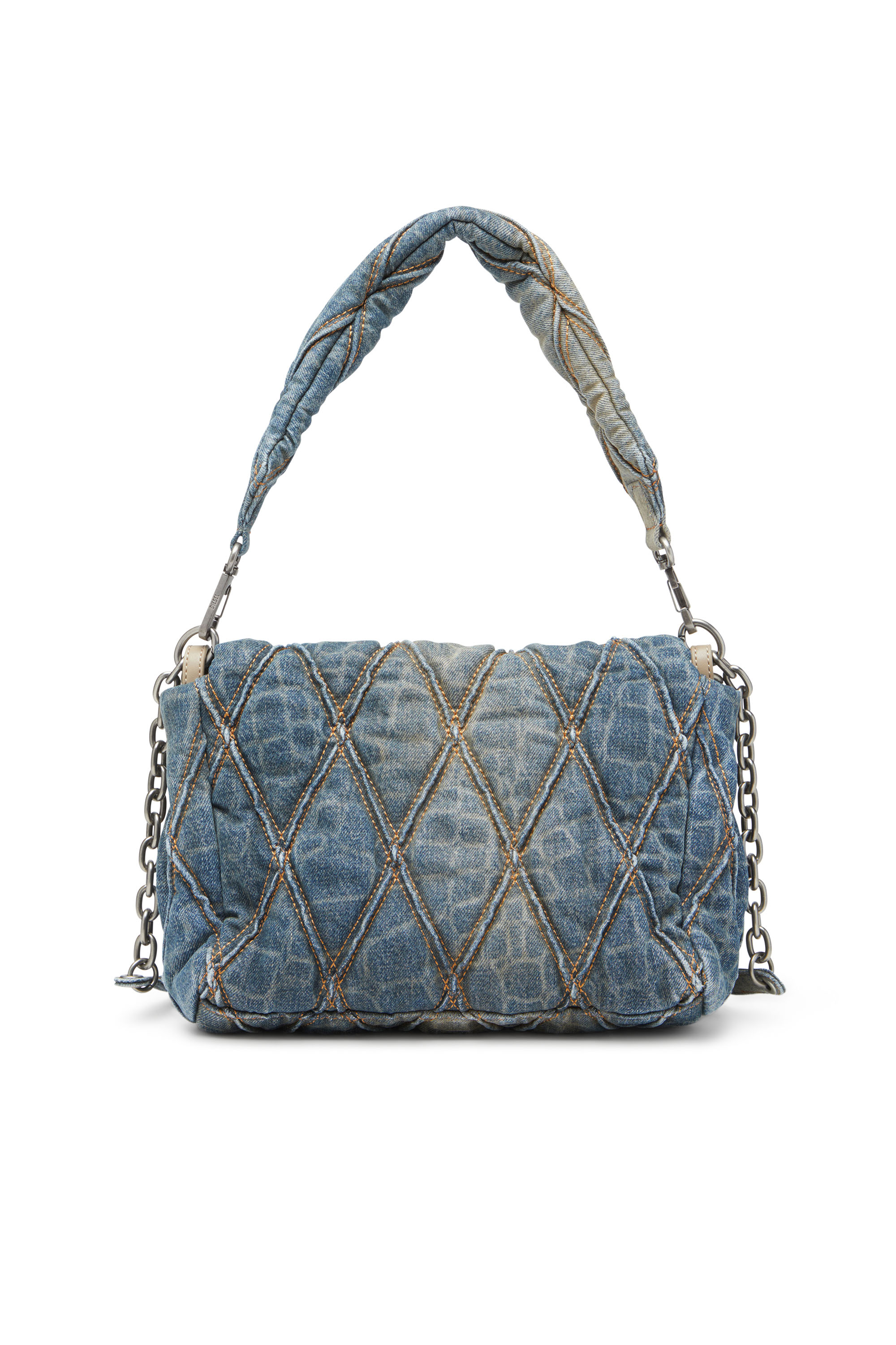 Diesel - CNY CHARM-D SHOULDER M, Bolso de hombro de denim acolchado con estampado de serpiente Mujer in Azul marino - 2