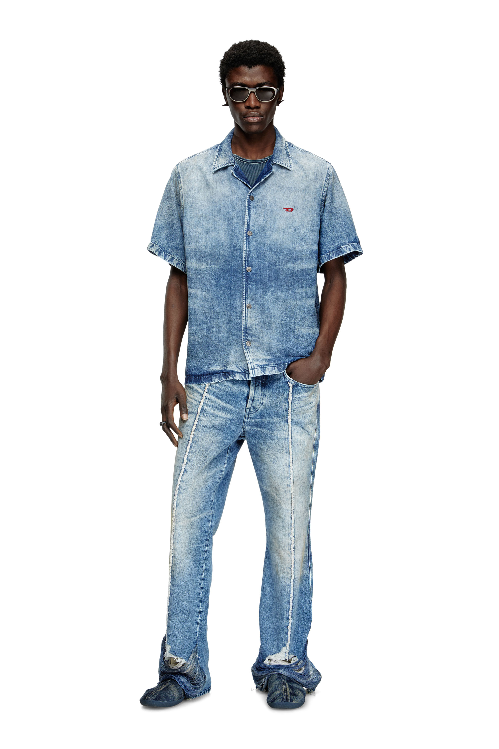 Tシャツ・カットソー DIESEL SS25 'D-Nabil-Fsg' shirt (A191780CMBP 01) Men's Bowling shirt in distressed denim | Blue | Diesel