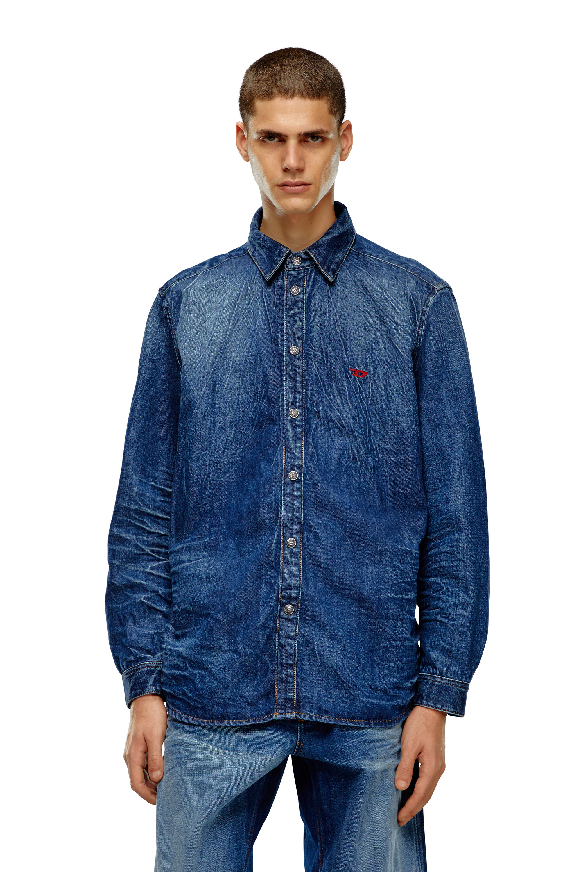 Diesel - D-SIMPLY-S2, Man Stretch denim shirt with 3D whiskers in Blue - Image 1