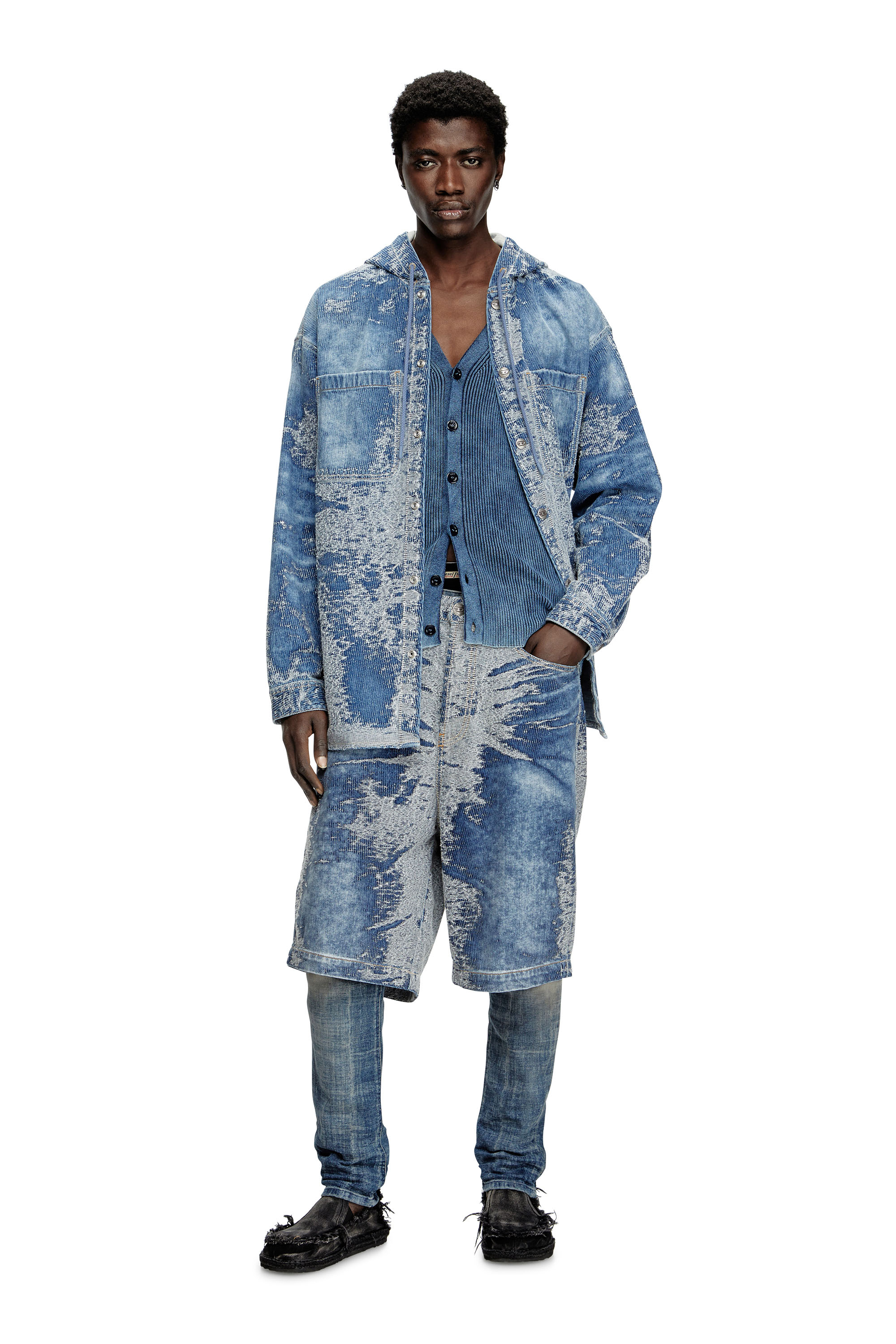 Diesel - D-DEWNYS-HOOD-S, Man's Overshirt in distressed jacquard denim in Medium blue - 5