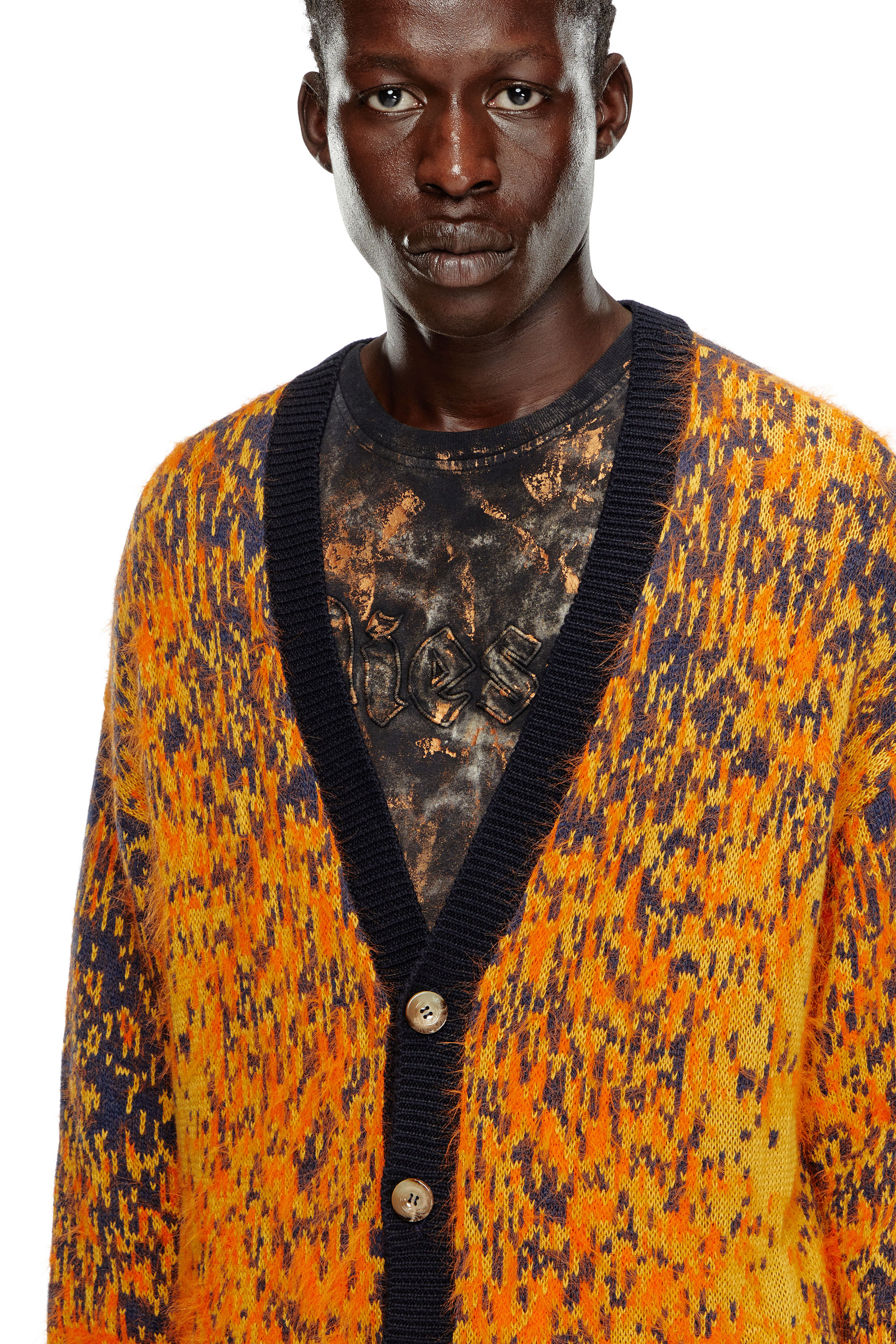 Diesel - K-RANGER, Man's Fuzzy cardigan with abstract pattern in Orange - 3