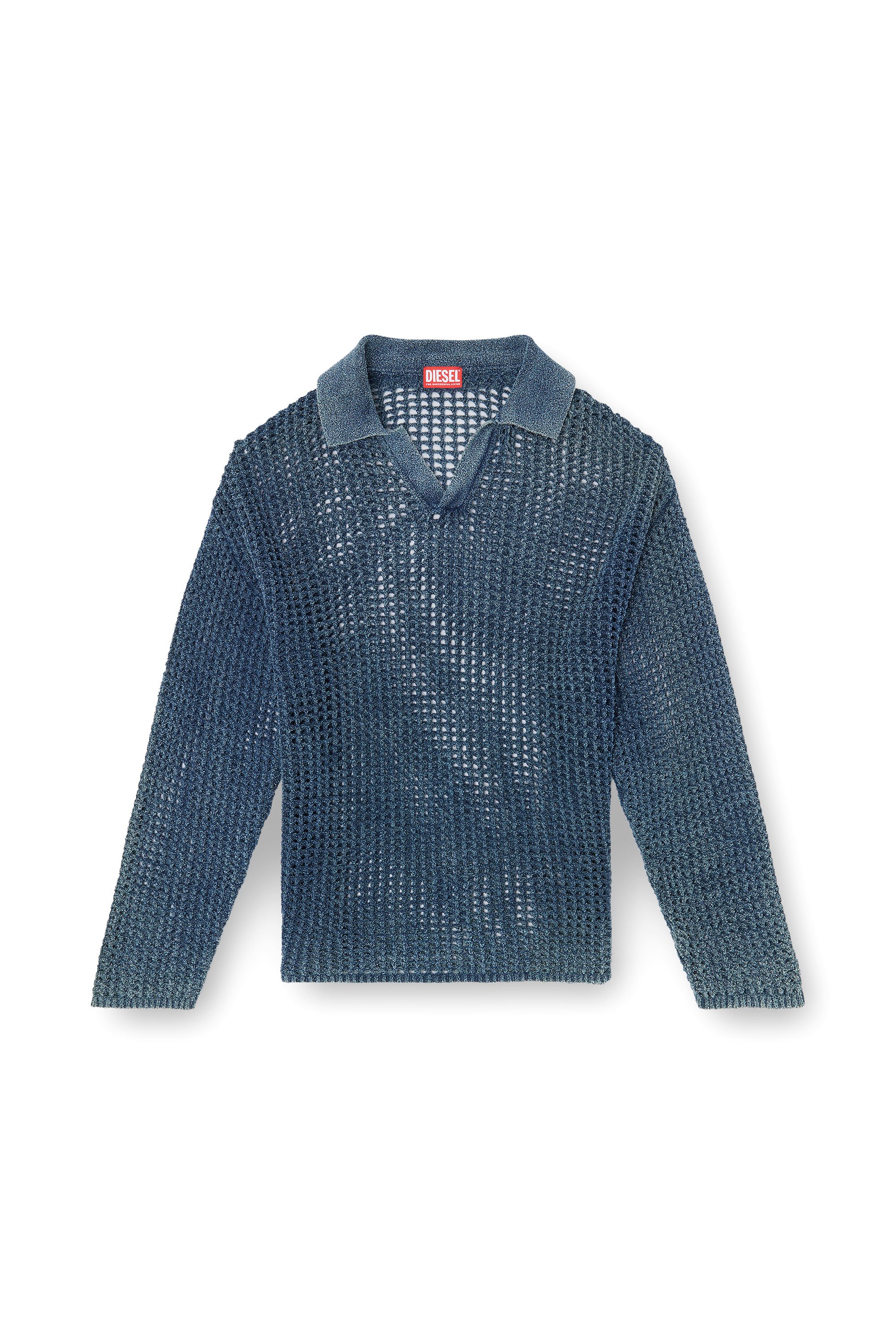 Diesel - K-SQUARED, Man's Open-knit polo jumper in denim yarn in Blue - 5