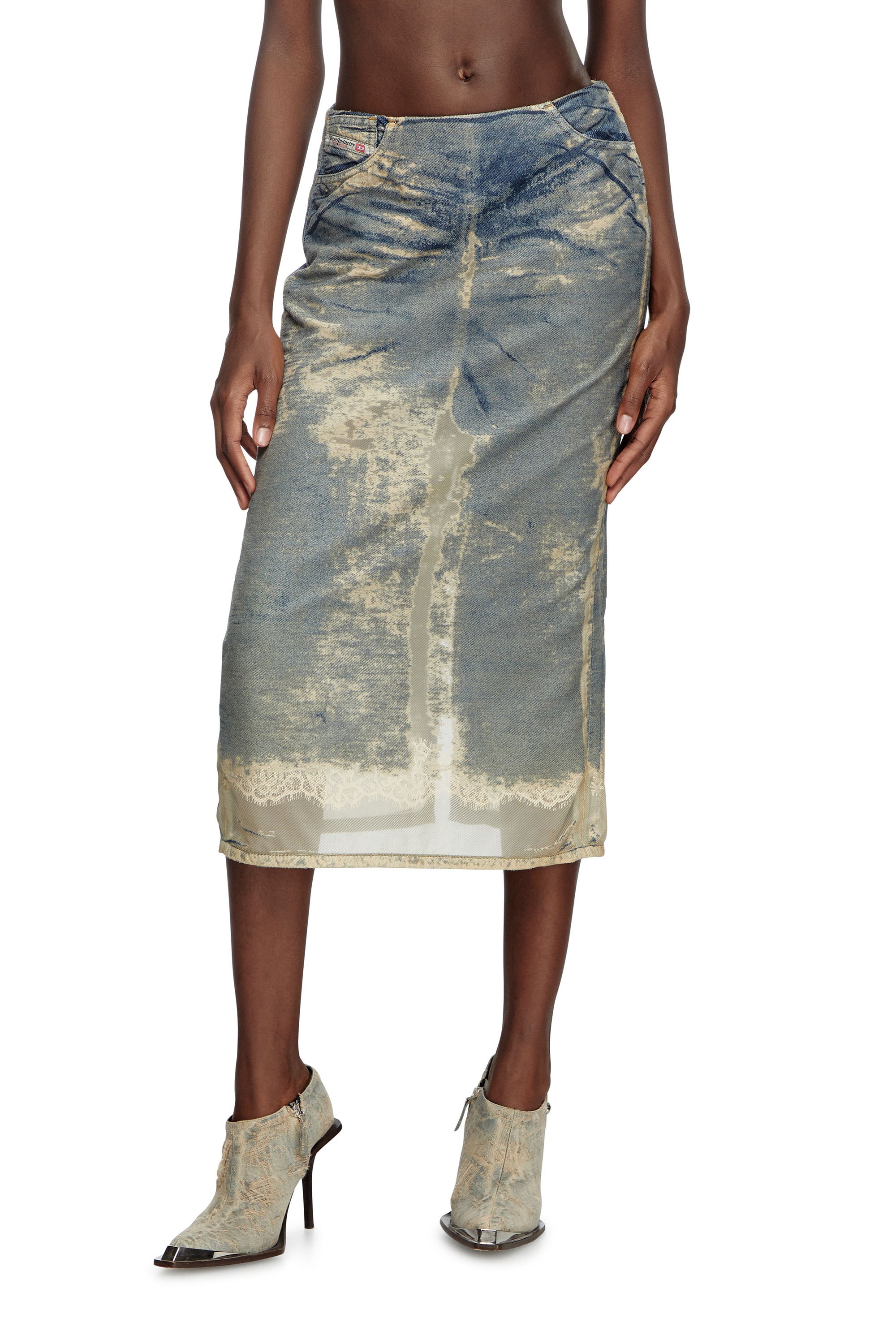 Diesel - DE-PRA-FSF, Woman's Midi skirt in floating devoré denim in Light Blue - 2