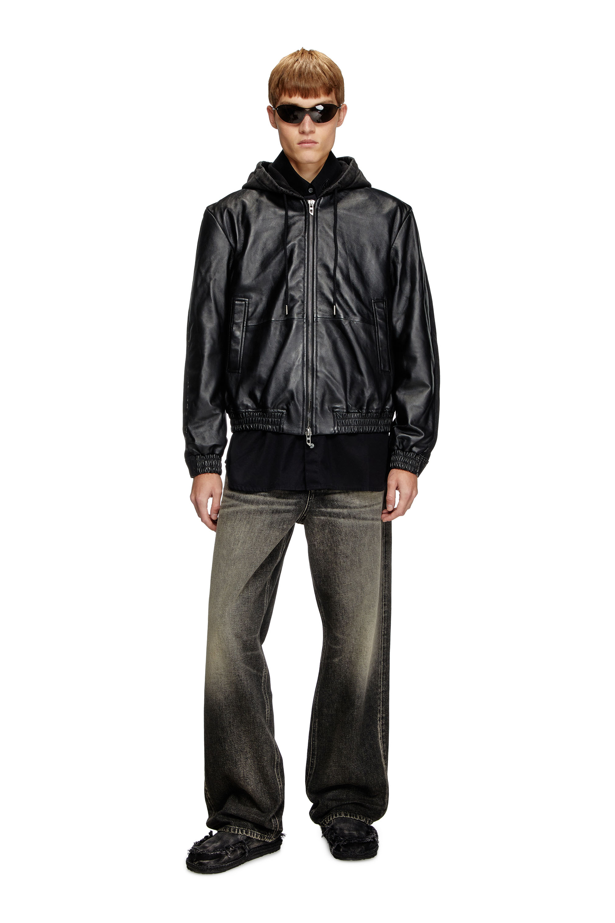 Men's Hooded jacket in leather, cotton and denim | Black