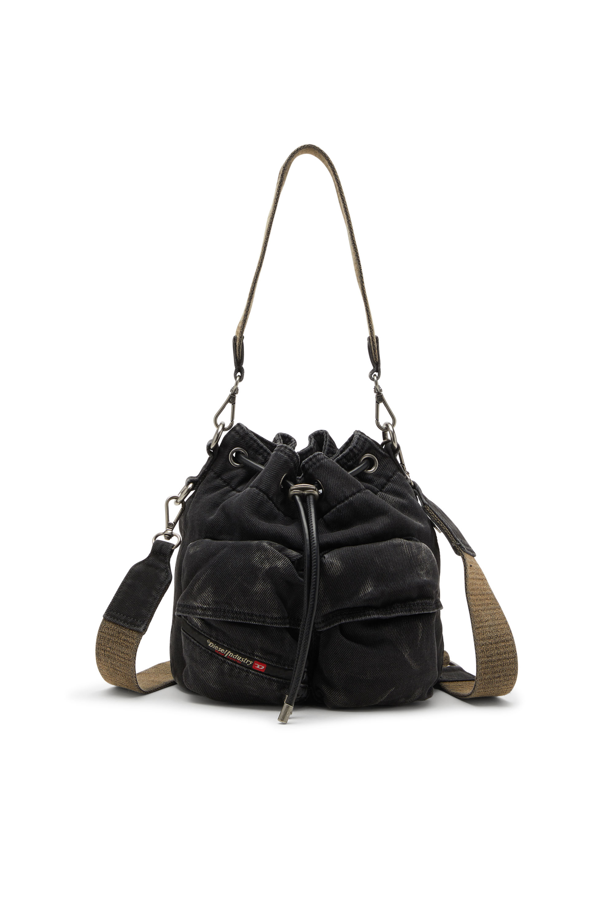 Diesel - MULTI-PKTS BUCKET X, Multi-Pkts-Bolso tipo cubo multibolsillo en denim lavado Unisex in Negro - 1