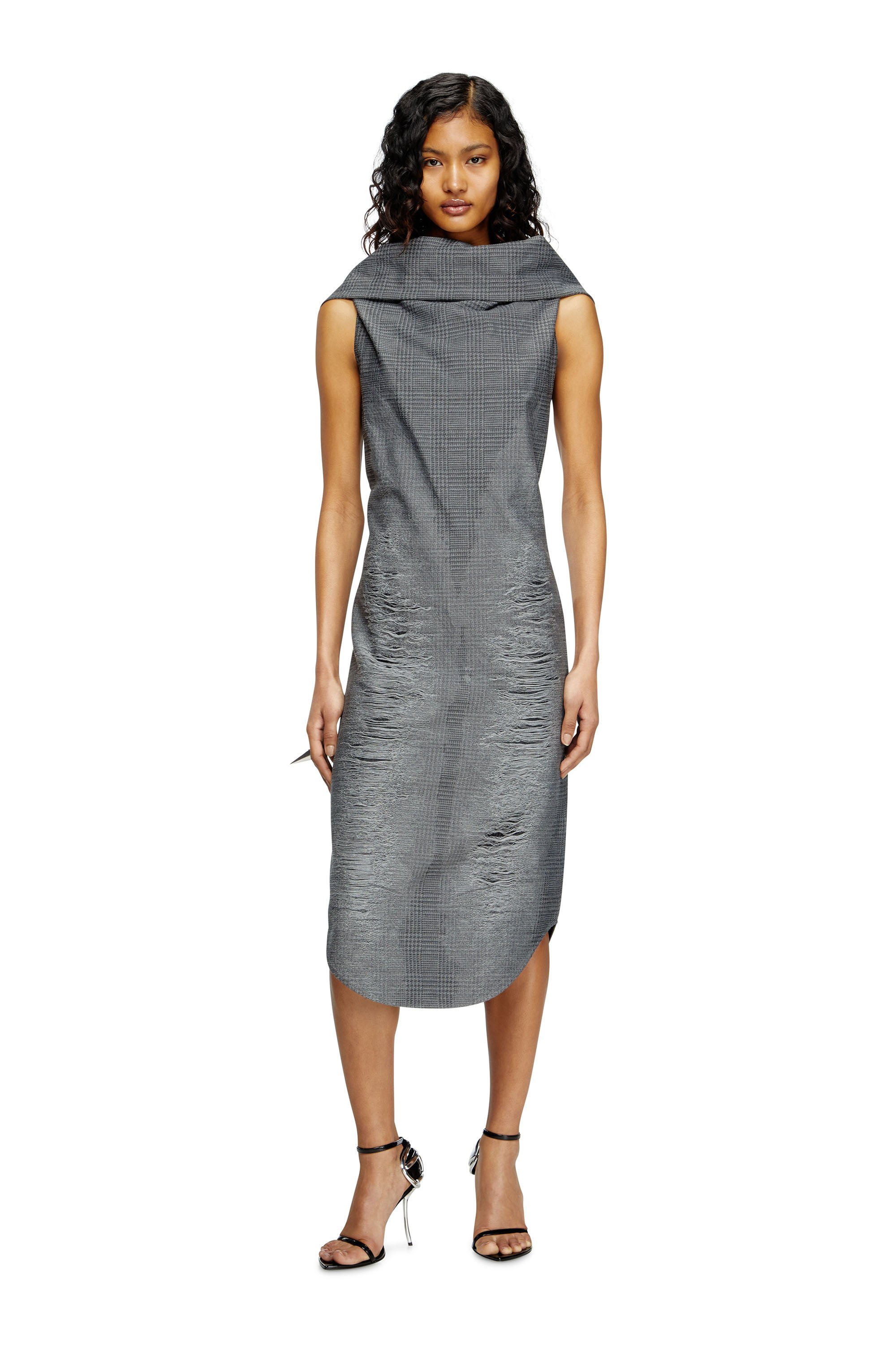 Diesel - D-MAUVE, Vestido midi de tejido príncipe de Gales con efecto desgastado Mujer in Gris - 1