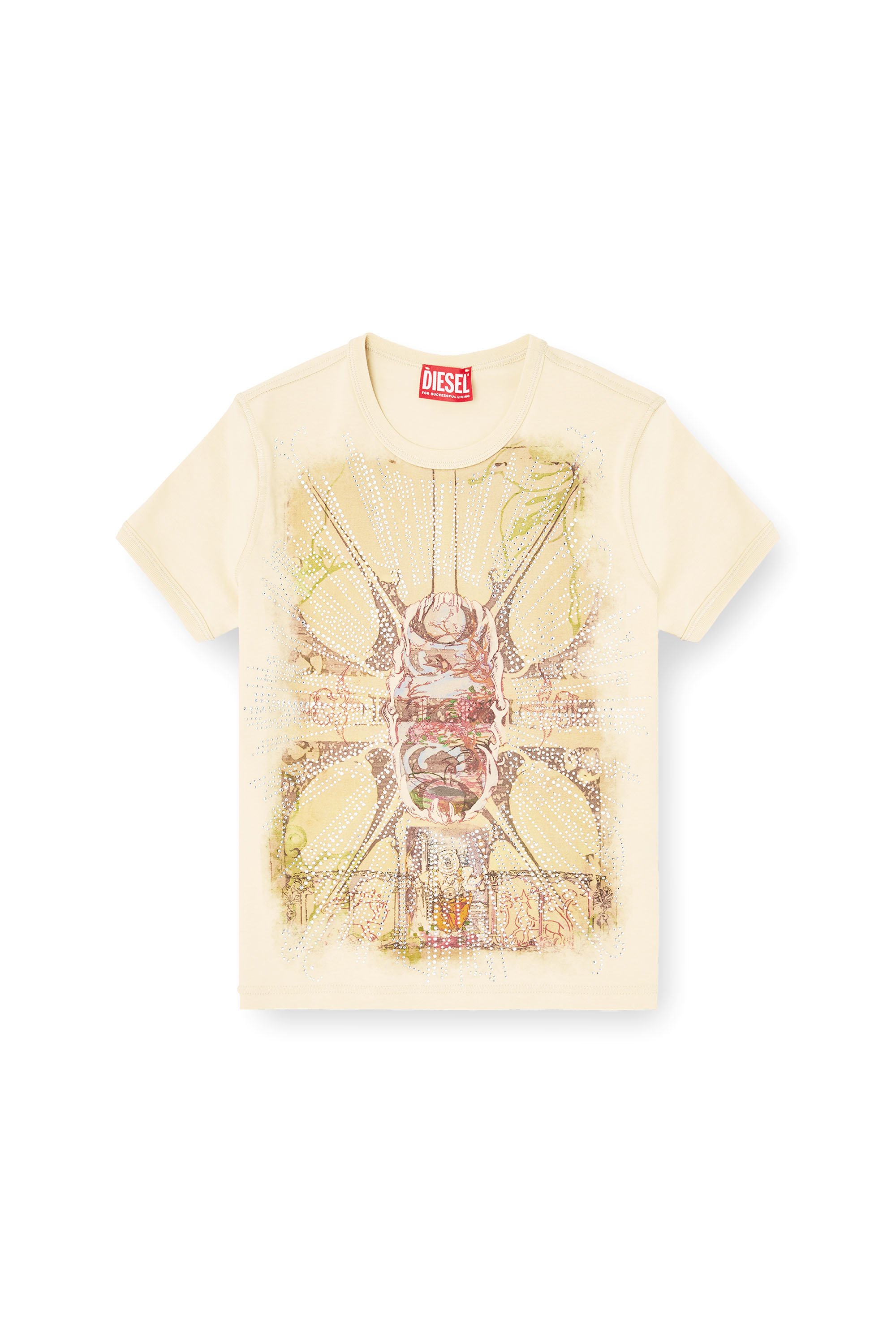 Diesel - T-UNCUTIES-LONG-R14, Woman's T-shirt with rhinestone graphic in Light Brown - 4