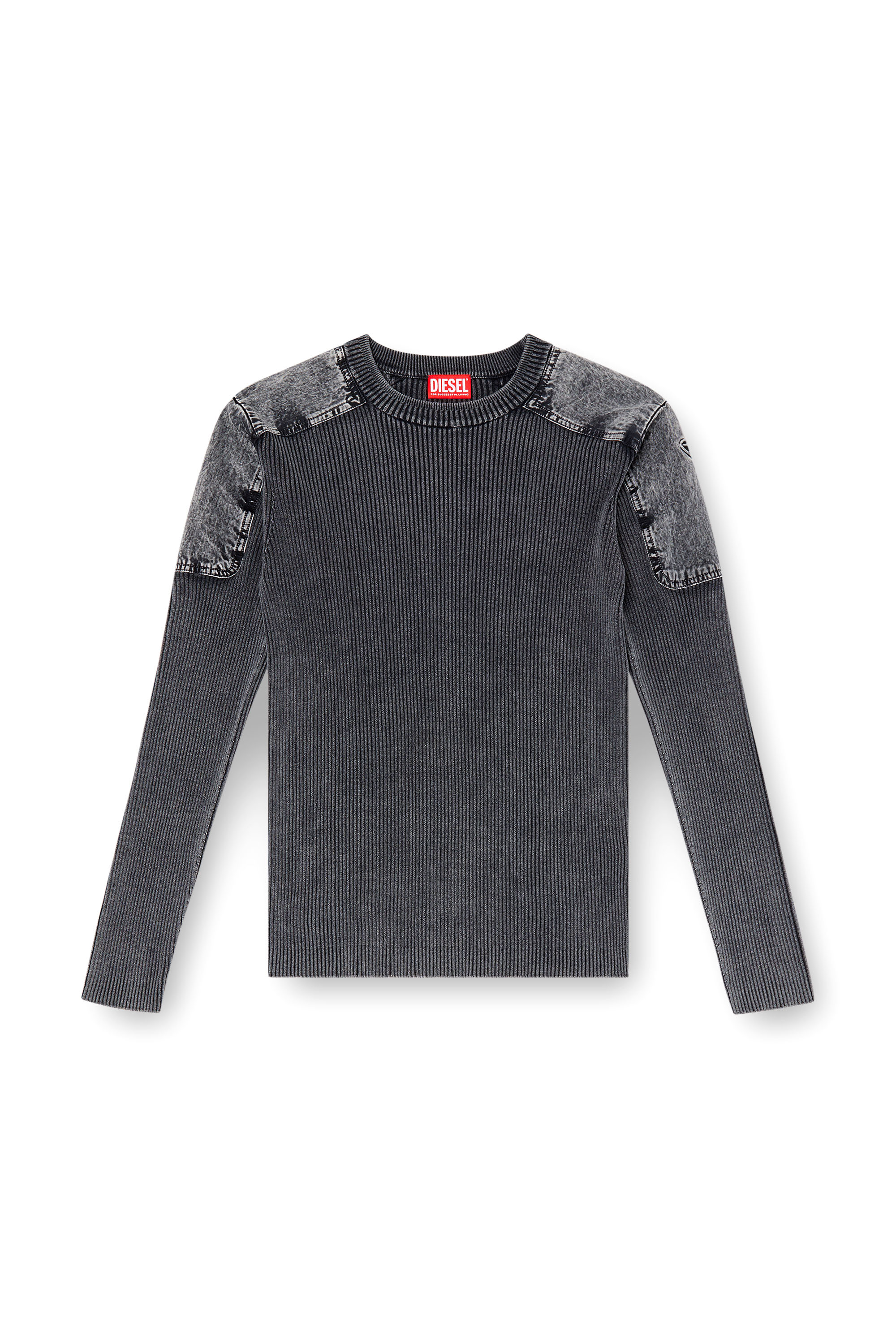 Diesel - K-MARTIN, Man's Jumper with denim shoulder panels in Dark grey - 5