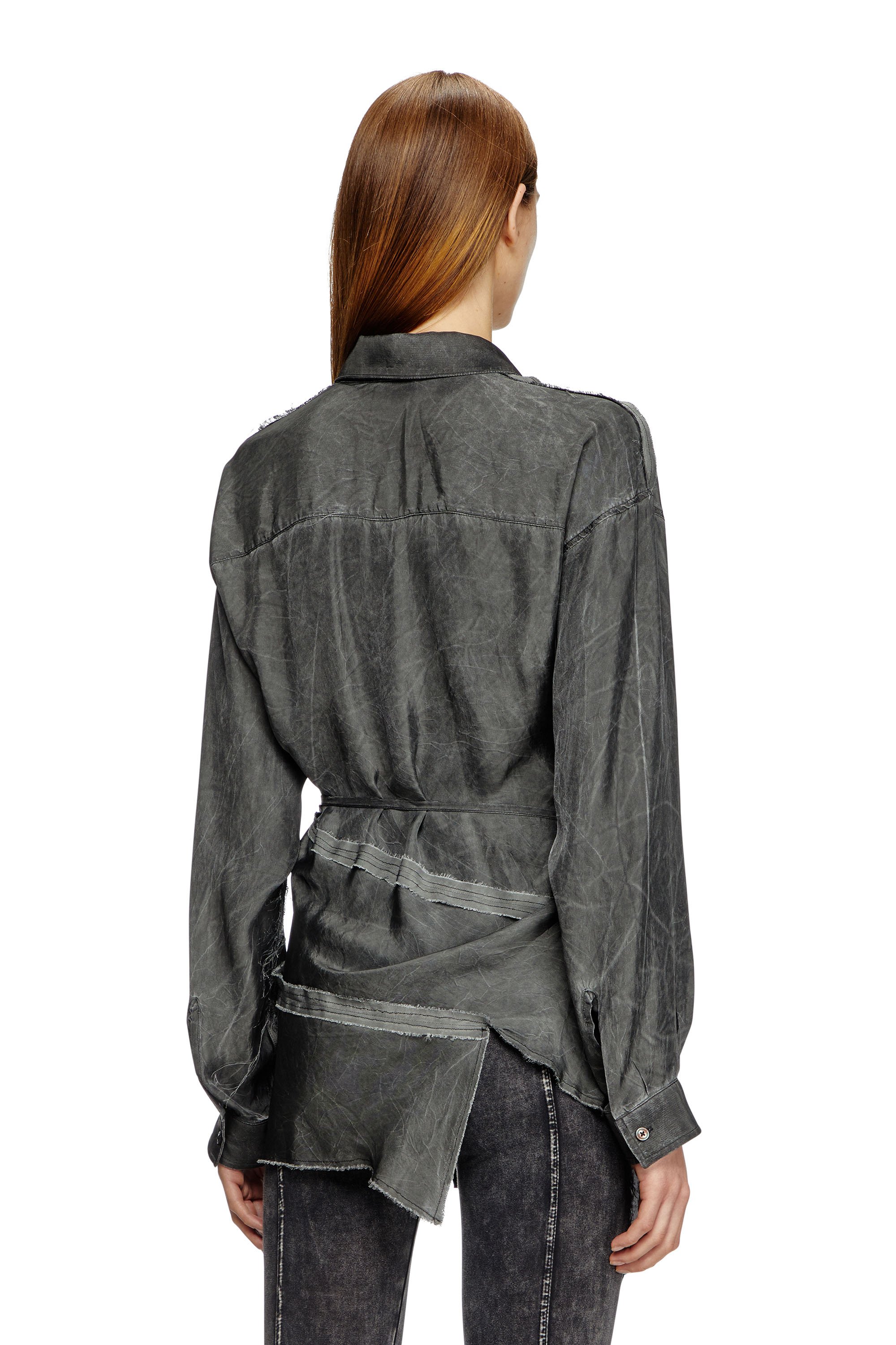 Diesel - C-RAZY-Q1, Woman's Asymmetric wrap shirt in wrinkled twill in Black - 3