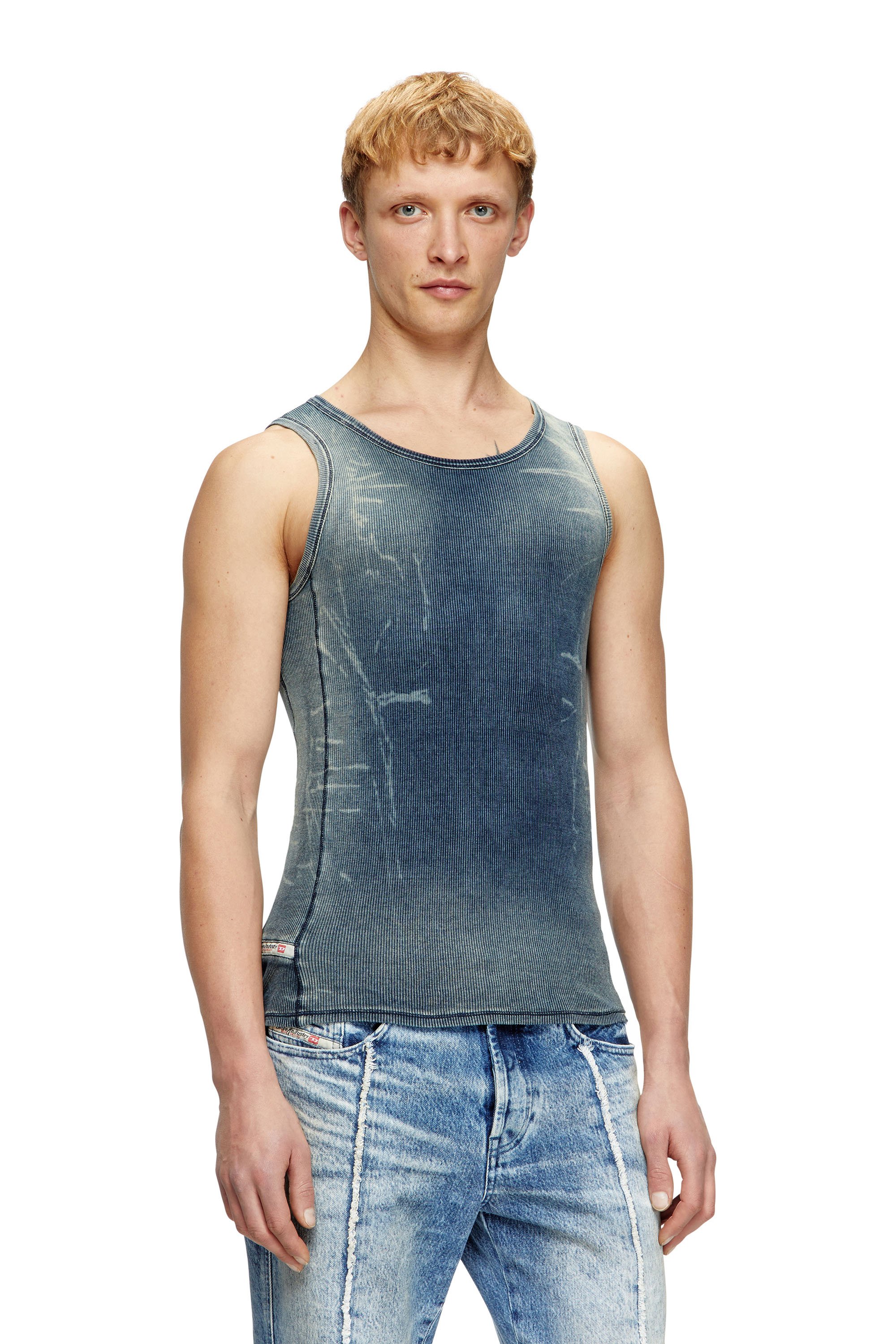 Diesel - T-GO, Camiseta de canalé con efecto trampantojo en denim Unisex in Azul marino - 1